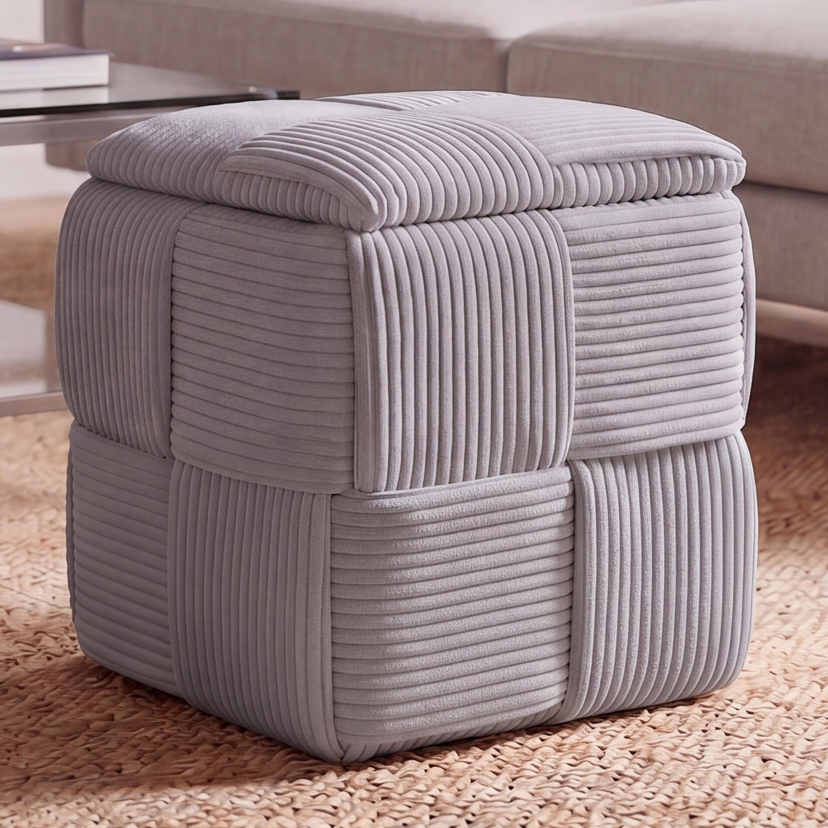 Hocker MCW-Q47, Sitzhocker Ottomane Polsterhocker Pouf, Deckel Staufach Stoff Cord (260g/m²) 43x40x40cm ~ dunkelgrau