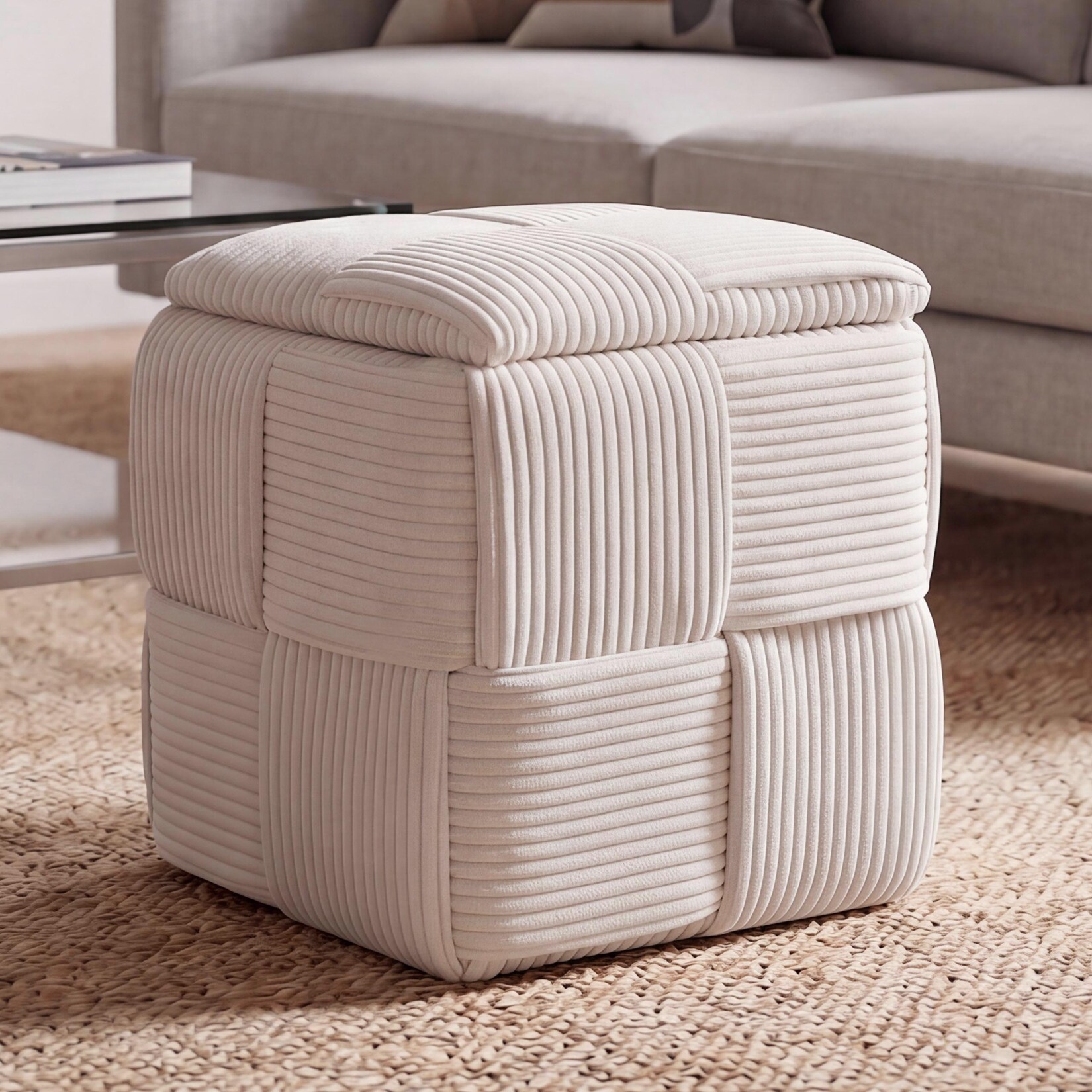 Hocker MCW-Q47, Sitzhocker Ottomane Polsterhocker Pouf, Deckel Staufach Stoff Cord (260g/m²) 43x40x40cm ~ creme
