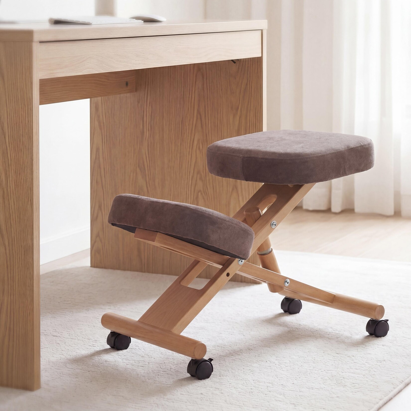 Kniestuhl MCW-Q46, Sitz-/Kniehocker höhenverstellbar Rollen Stoff/Textil (200g/m²) Holz ~ braun