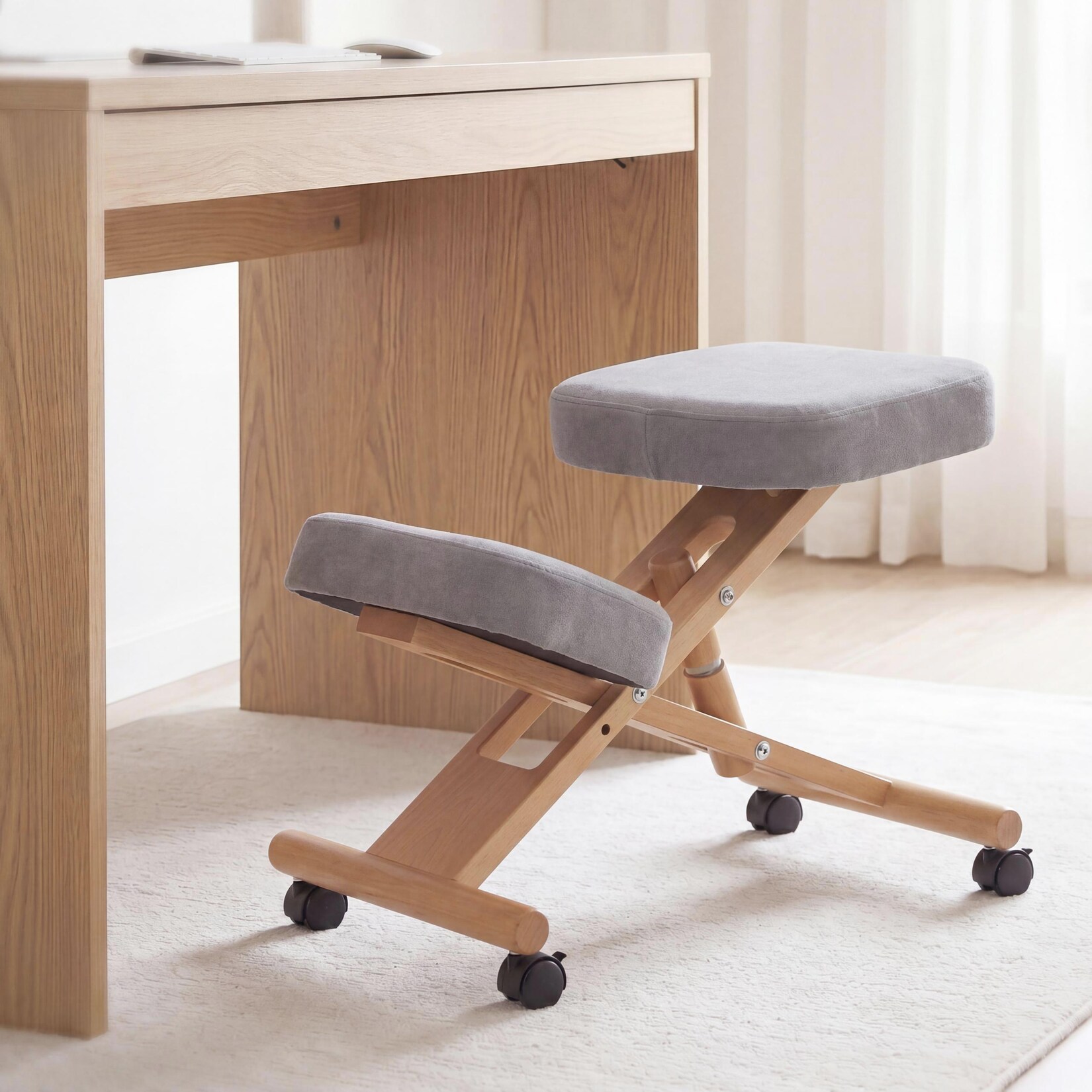 Kniestuhl MCW-Q46, Sitz-/Kniehocker höhenverstellbar Rollen Stoff/Textil (200g/m²) Holz ~ grau