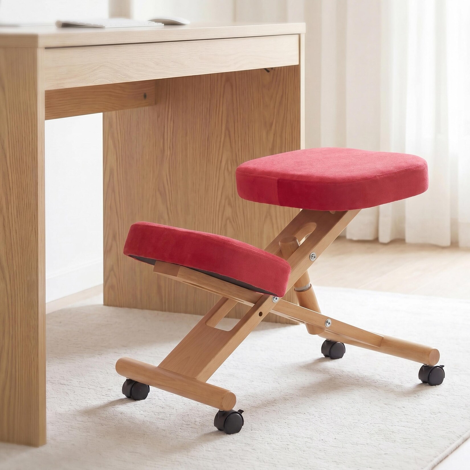 Kniestuhl MCW-Q46, Sitz-/Kniehocker höhenverstellbar Rollen Stoff/Textil (200g/m²) Holz ~ rot