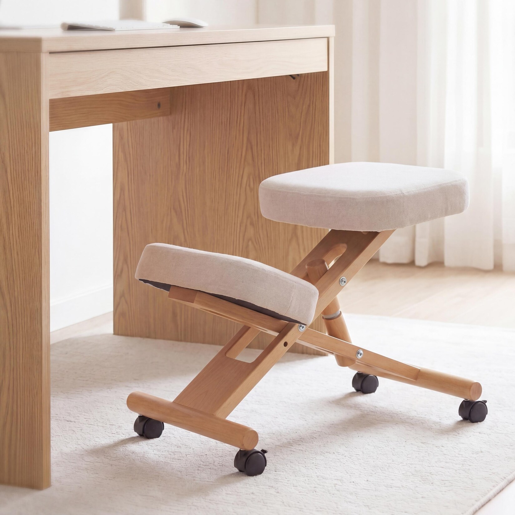 Kniestuhl MCW-Q46, Sitz-/Kniehocker höhenverstellbar Rollen Stoff/Textil (200g/m²) Holz ~ creme