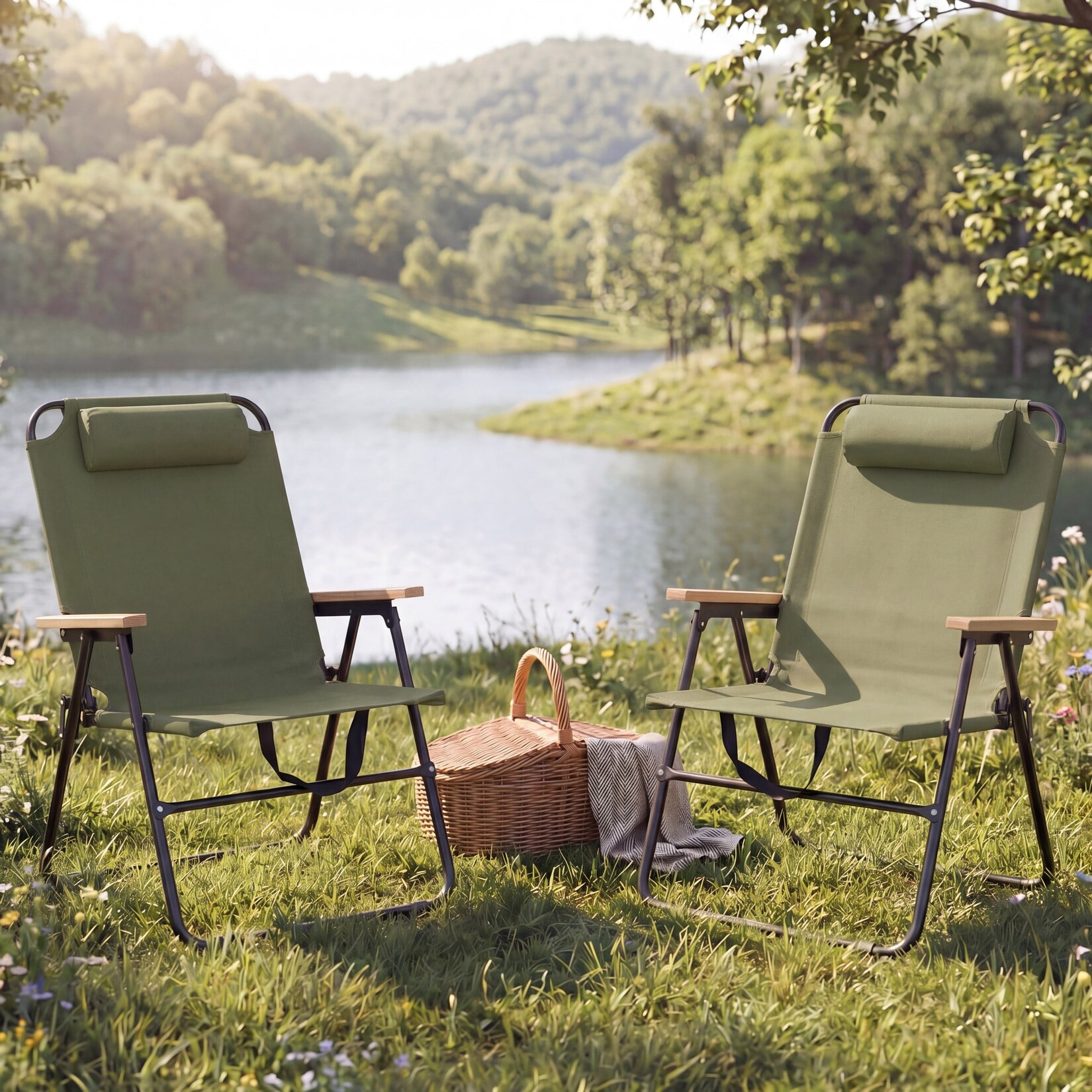 2er-Set Campingstuhl MCW-Q44, Gartenstuhl Balkonstuhl Freizeitstuhl, klappbar verstellbar Outdoor Metall Stoff ~ grün