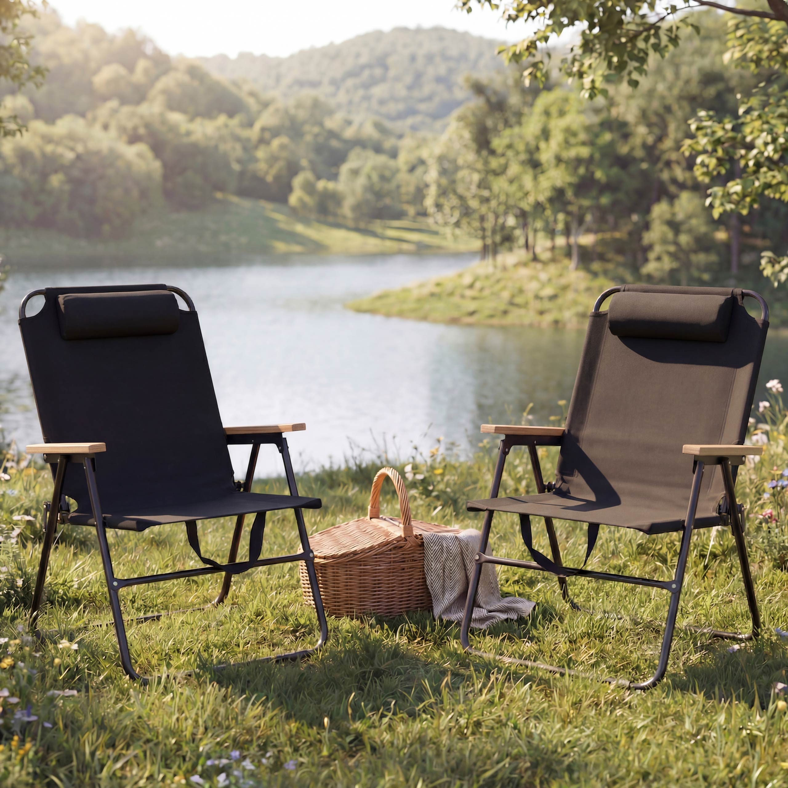 2er-Set Campingstuhl MCW-Q44, Gartenstuhl Balkonstuhl Freizeitstuhl, klappbar verstellbar Outdoor Metall Stoff ~ schwarz - Bild 1