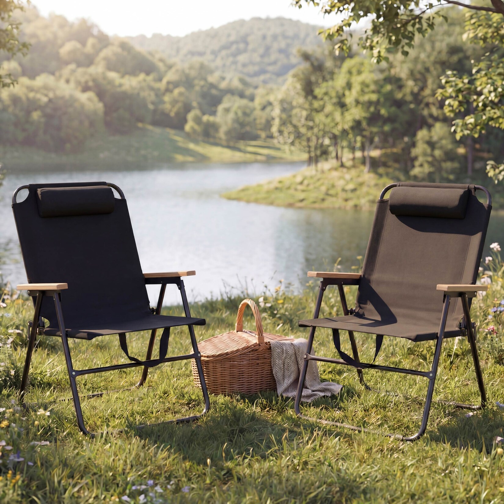2er-Set Campingstuhl MCW-Q44, Gartenstuhl Balkonstuhl Freizeitstuhl, klappbar verstellbar Outdoor Metall Stoff ~ schwarz