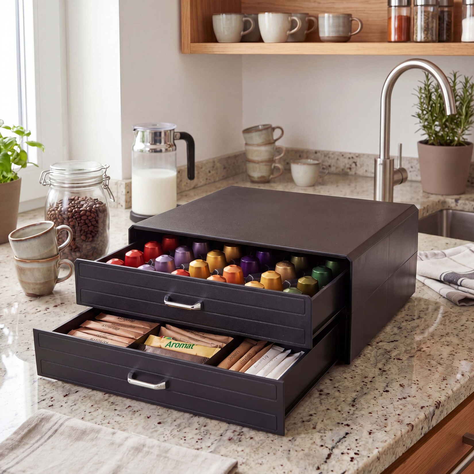 Schubladenbox für Kaffeekapseln MCW-L98, Aufbewahrungsbox mit 2 Schubladen Kapselbox, 14x34x33cm ~ schwarz