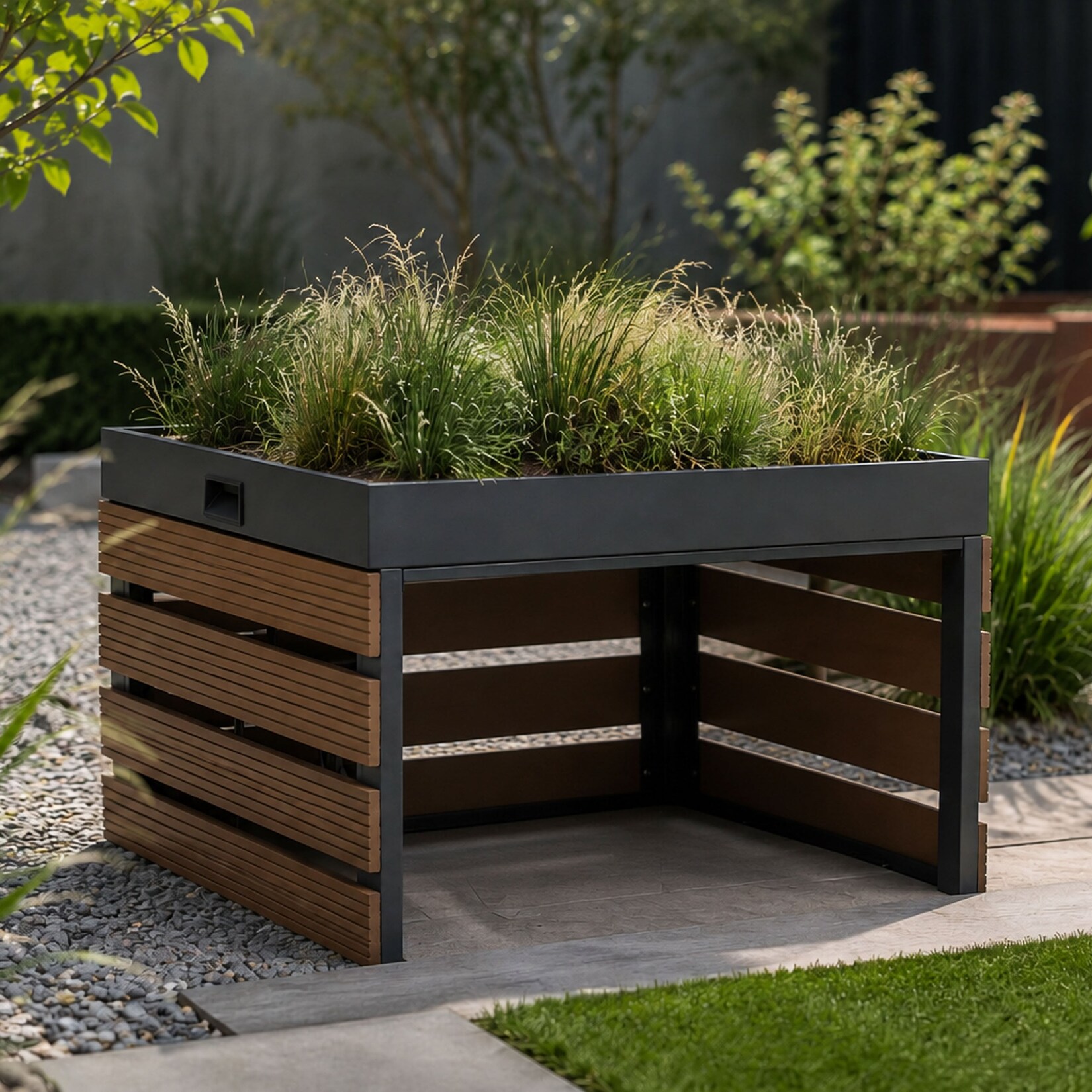Mähroboter-Garage mit Pflanzkasten -Q70, Dach Unterstand für Rasenmäher, WPC Metall 40x62x69cm ~ teak