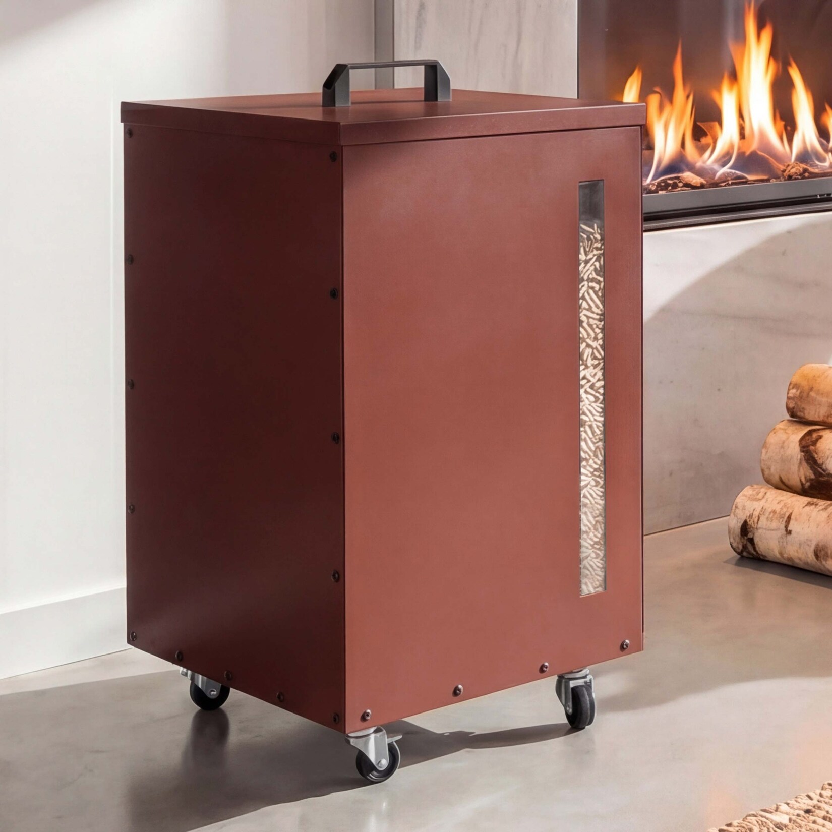 Pelletbehälter MCW-Q30, Pelletbox, Aufbewahrungsbox für z.B. Tierfutter, Sichtfenster Rollen 62x36x36cm ~ kupferfarben