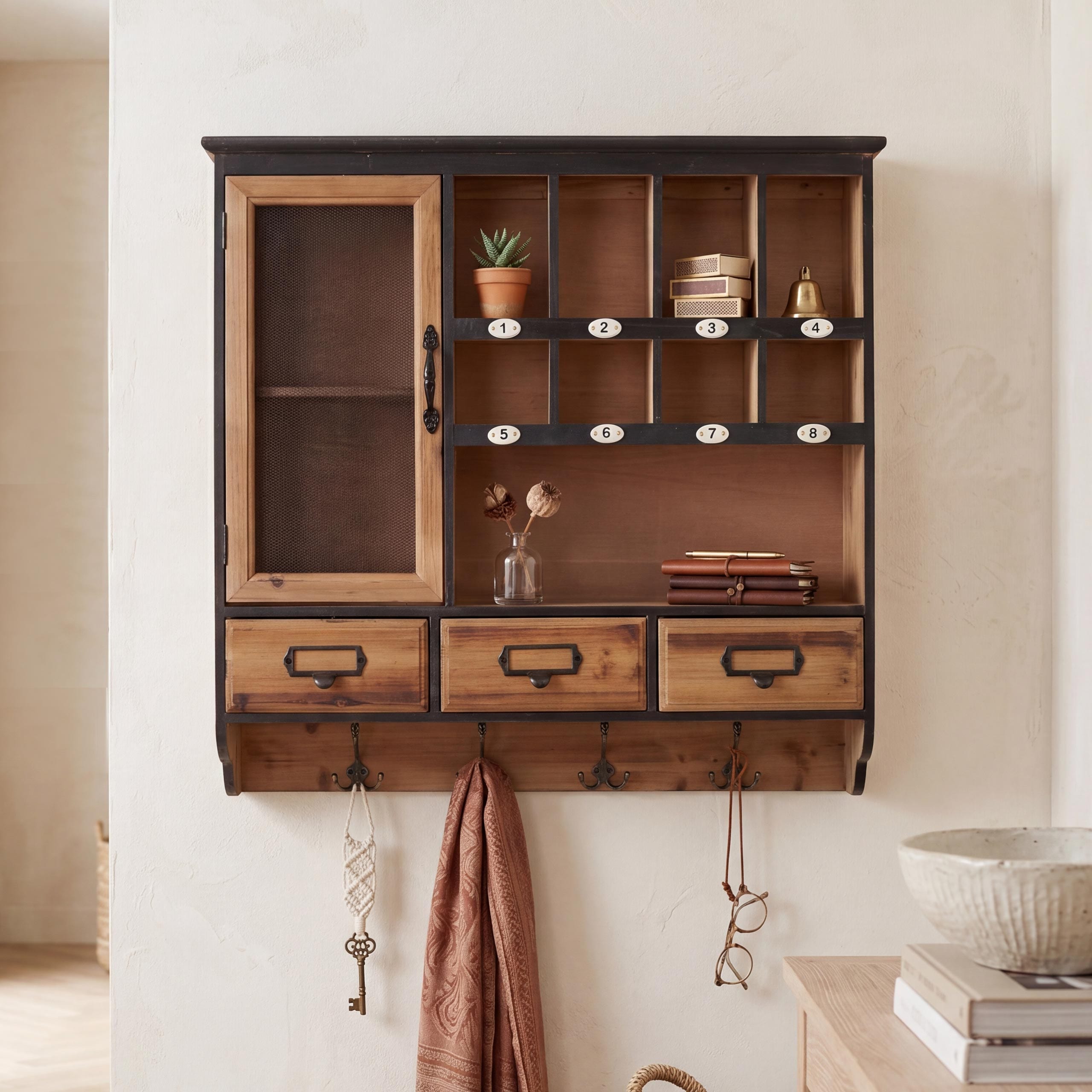 Wandregal MCW-Q26, H&auml;ngeregal Regal Schweberegal Garderobe, Schublade Staufach Haken, Vintage Shabby Holz 70x72x17cm - Bild 1