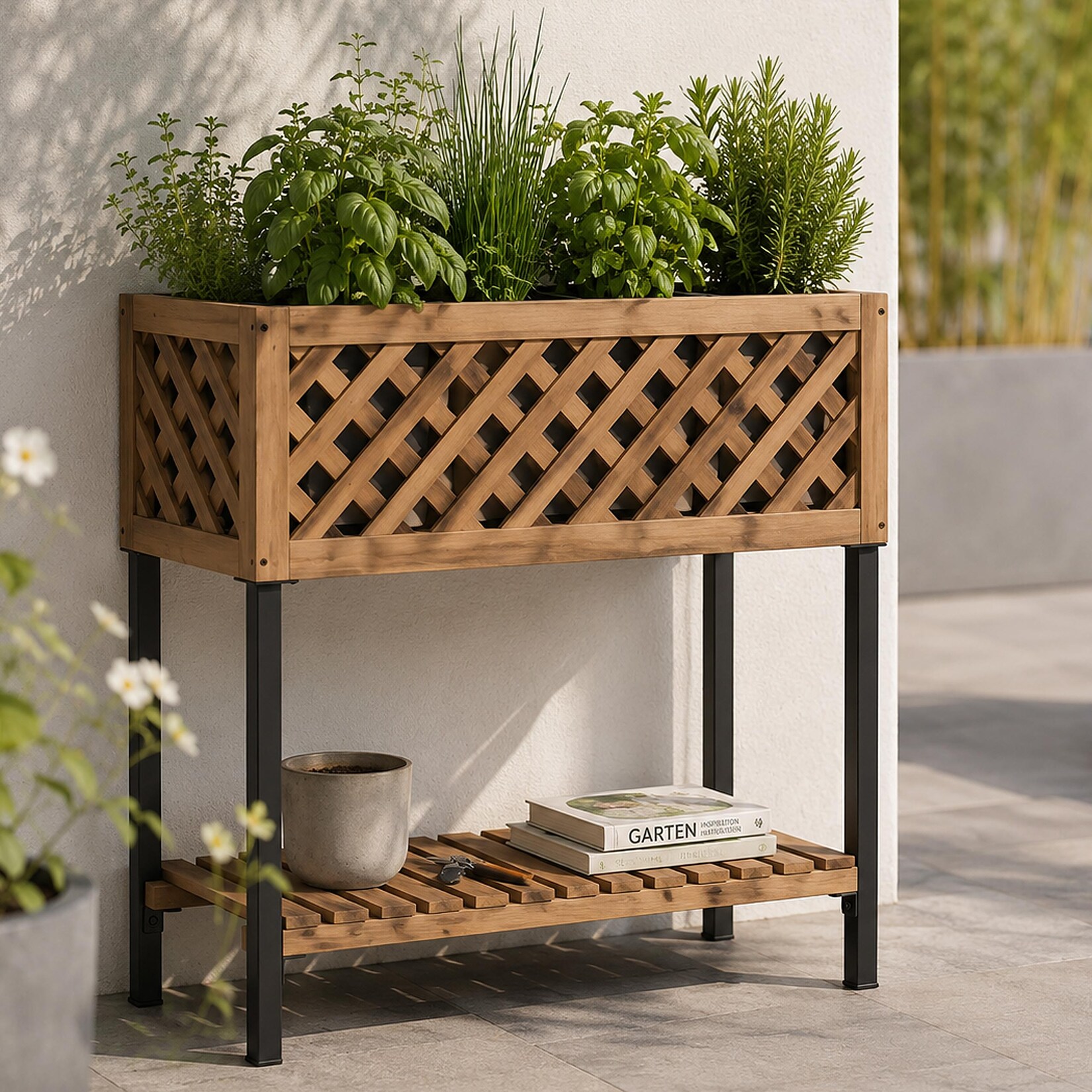 Pflanzkasten -P86, Blumen-/Pflanzkübel Blumenkasten, In-/Outdoor Akazie Holz MVG-zertifiziert 78x82x32cm ~ hellbraun