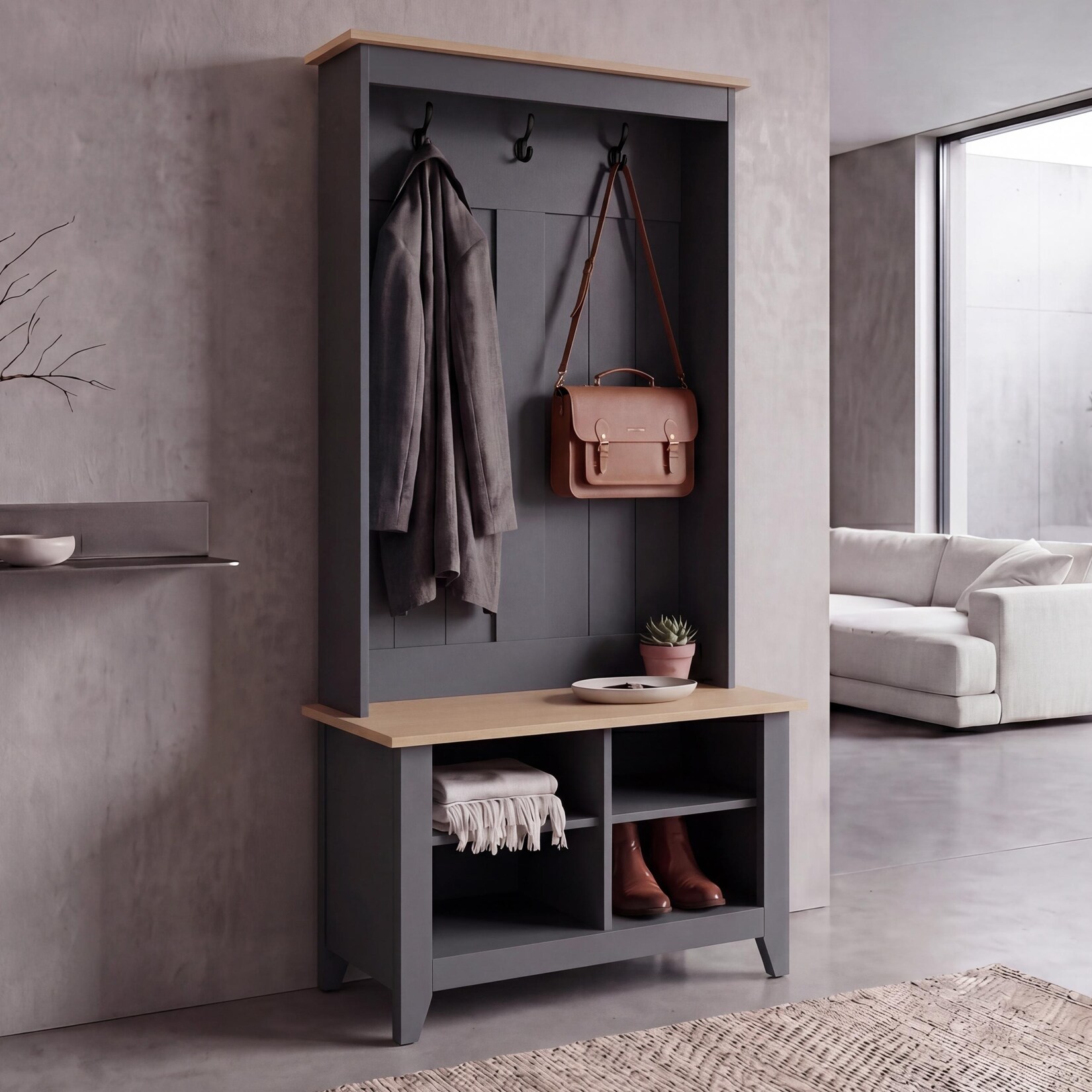 Garderobe MCW-P28, Standgarderobe Schuhregal Sitzbank, 3 Haken 4 Staufächer Melamin 170x76x39cm ~ dunkelgrau, natur