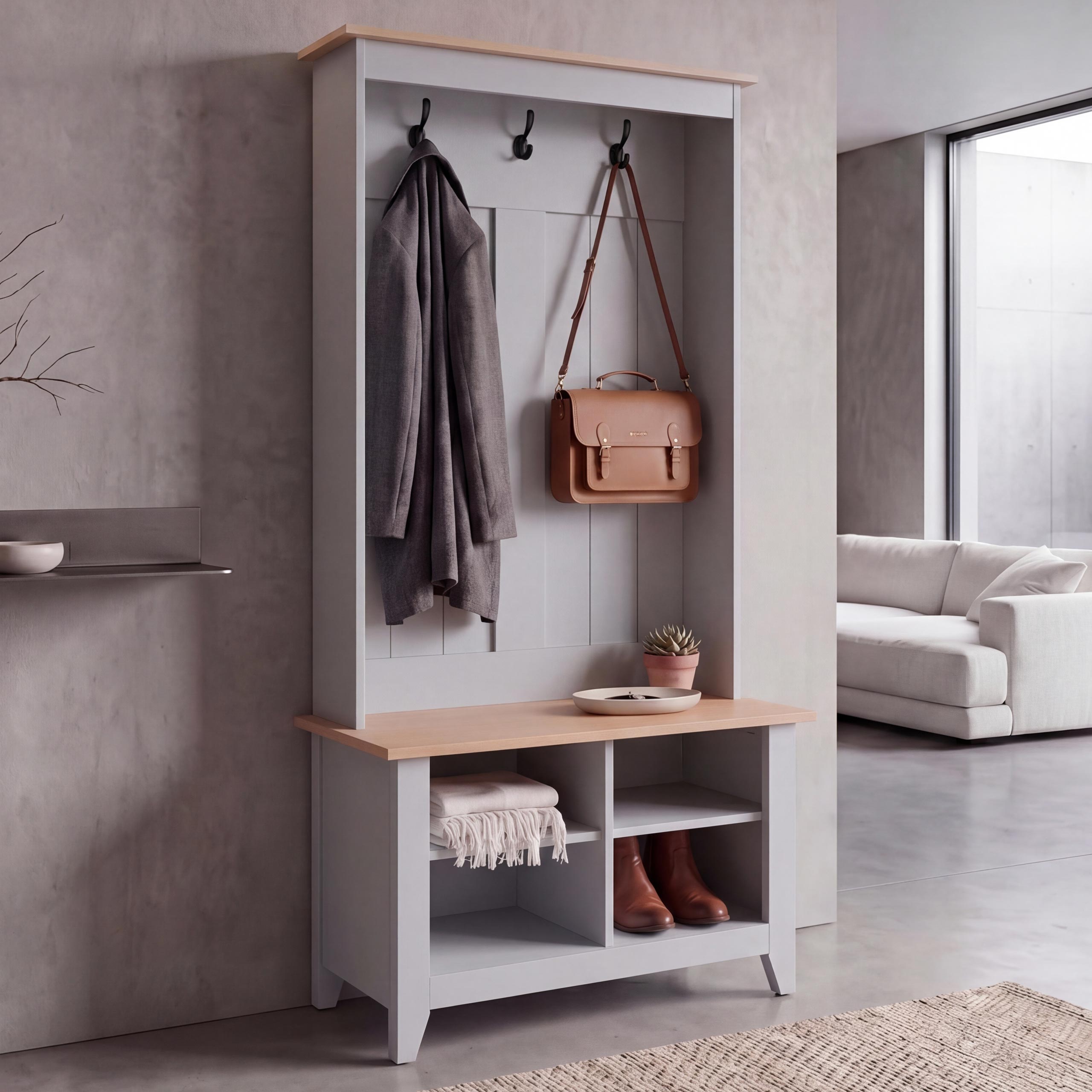 Garderobe MCW-P28, Standgarderobe Schuhregal Sitzbank, 3 Haken 4 Stauf&auml;cher Melamin 170x76x39cm ~ hellgrau, natur - Bild 1