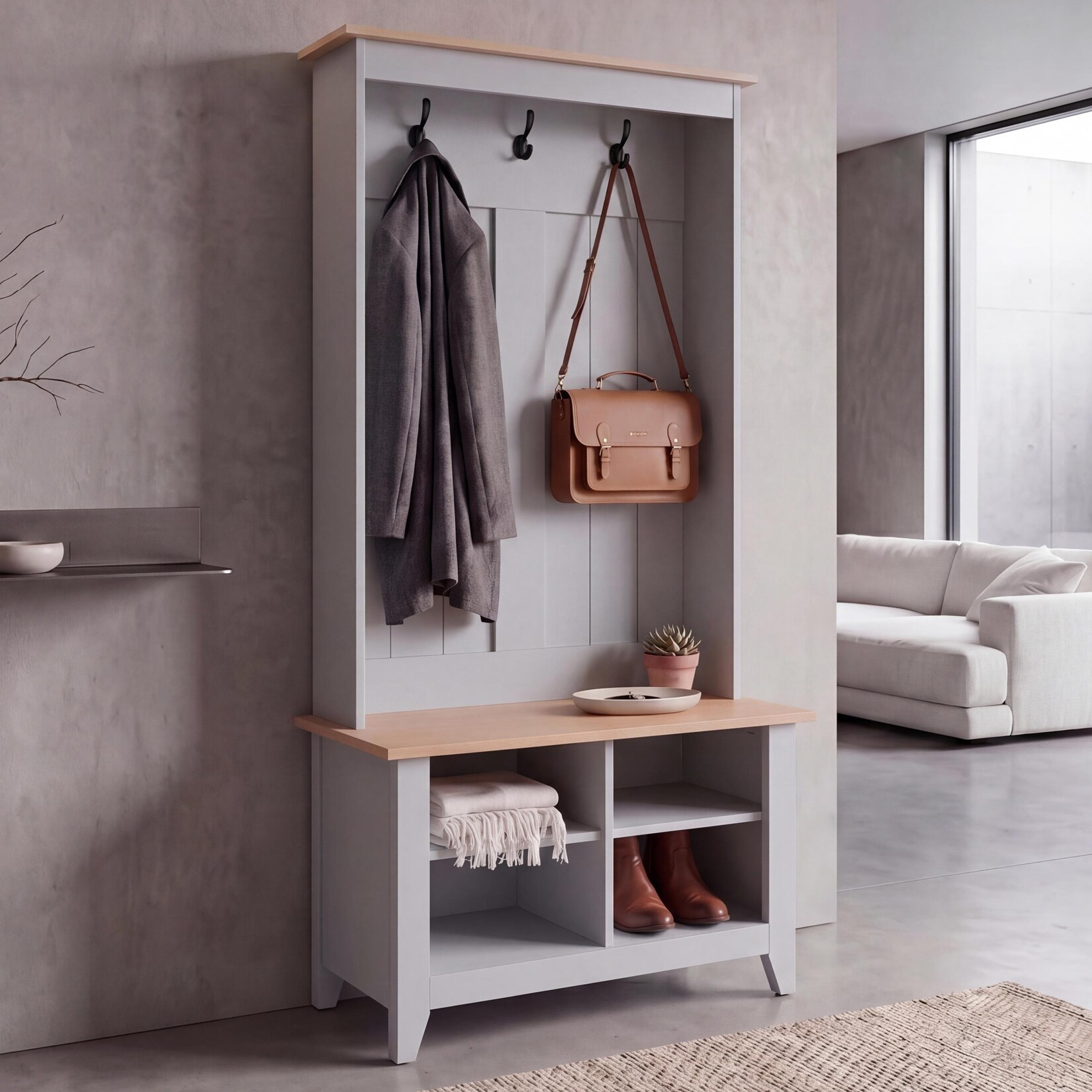 Garderobe MCW-P28, Standgarderobe Schuhregal Sitzbank, 3 Haken 4 Staufächer Melamin 170x76x39cm ~ hellgrau, natur