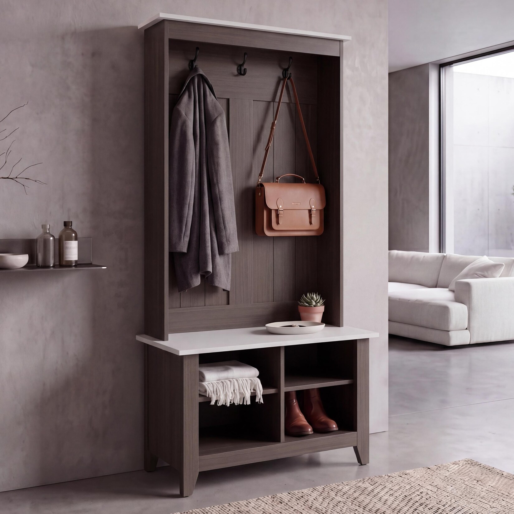 Garderobe MCW-P28, Standgarderobe Schuhregal Sitzbank, 3 Haken 4 Staufächer Melamin 170x76x39cm ~ Walnuss-Optik, beige