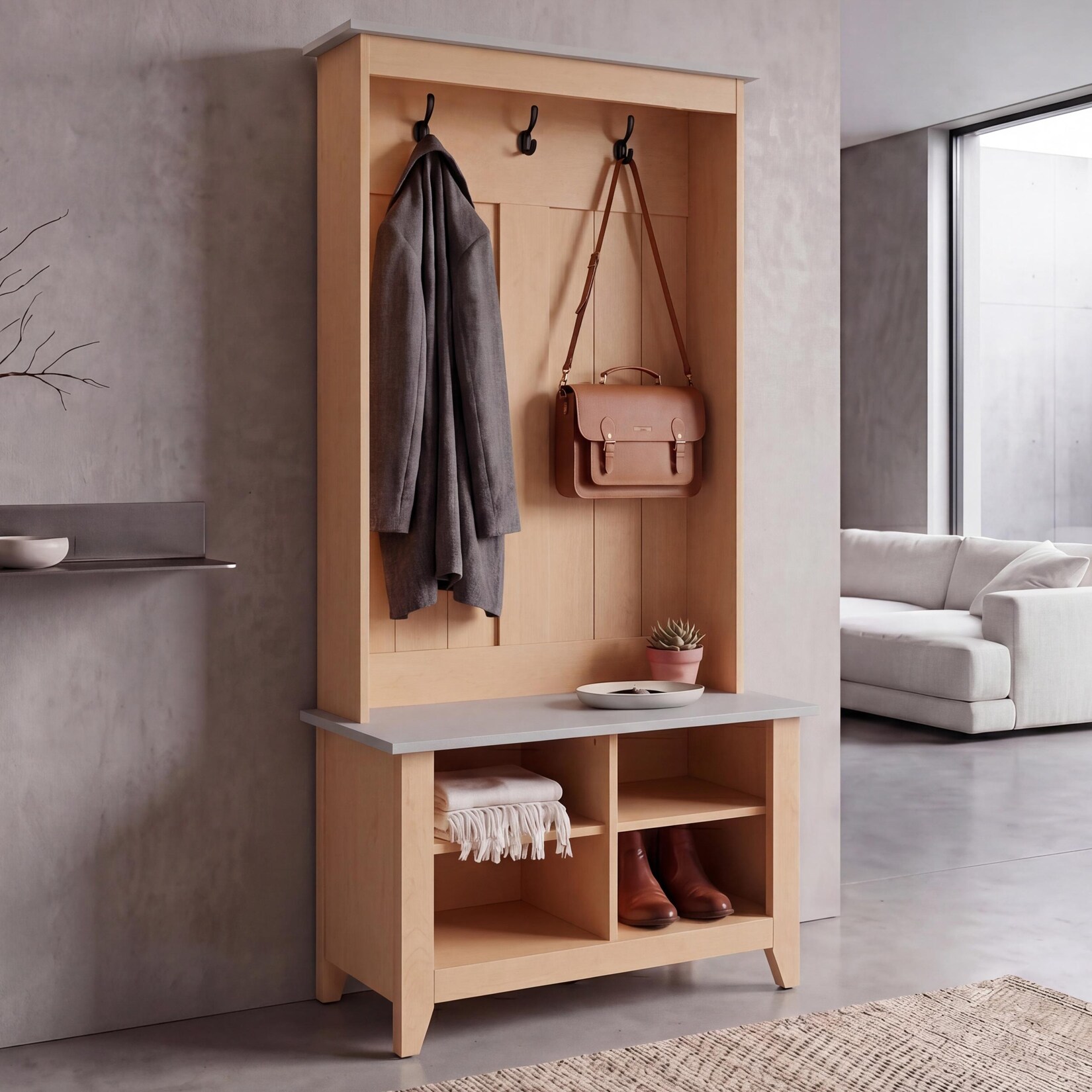 Garderobe -P28, Standgarderobe Schuhregal Sitzbank, 3 Haken 4 Staufächer Melamin 170x76x39cm ~ natur, weiß
