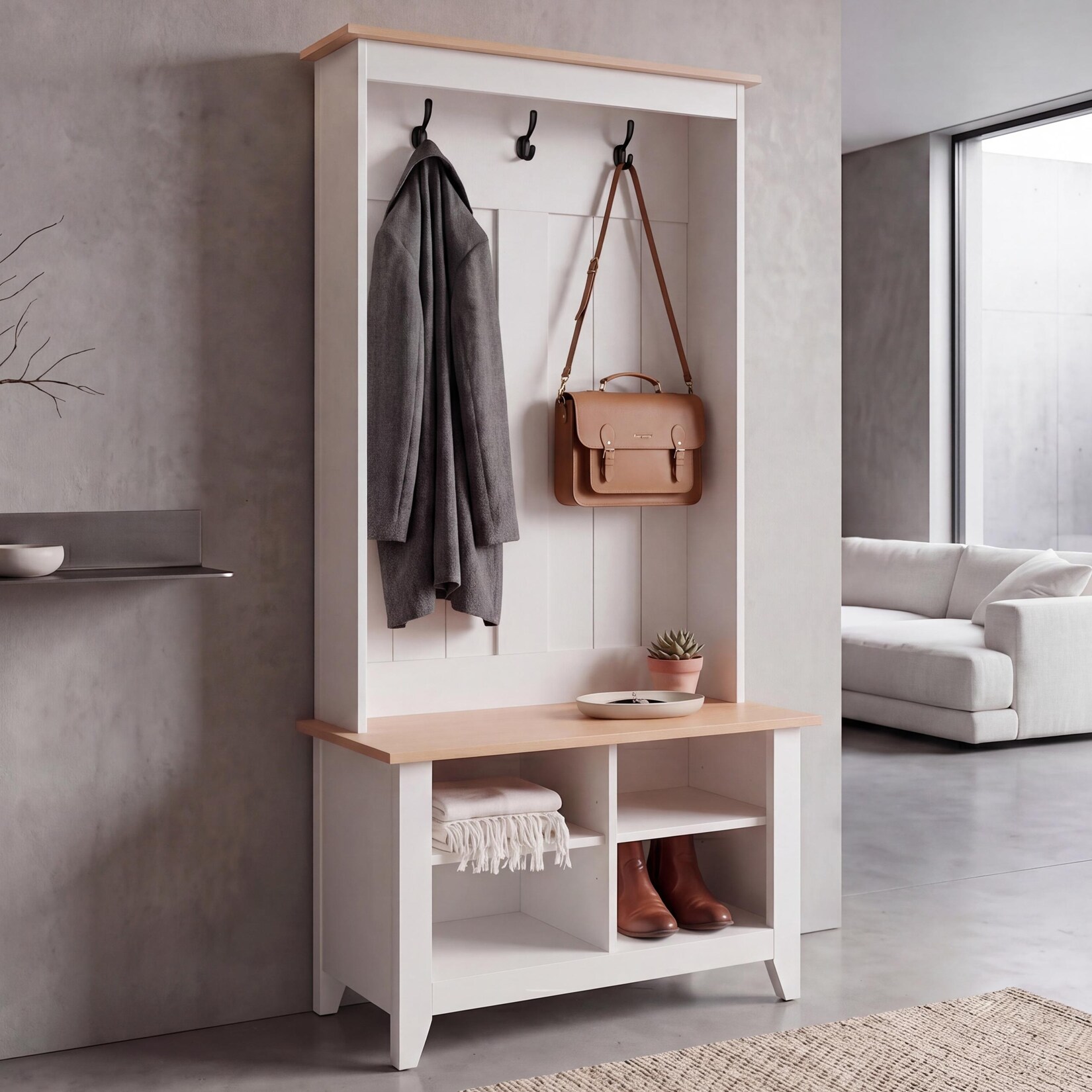 Garderobe MCW-P28, Standgarderobe Schuhregal Sitzbank, 3 Haken 4 Staufächer Melamin 170x76x39cm ~ weiß, natur