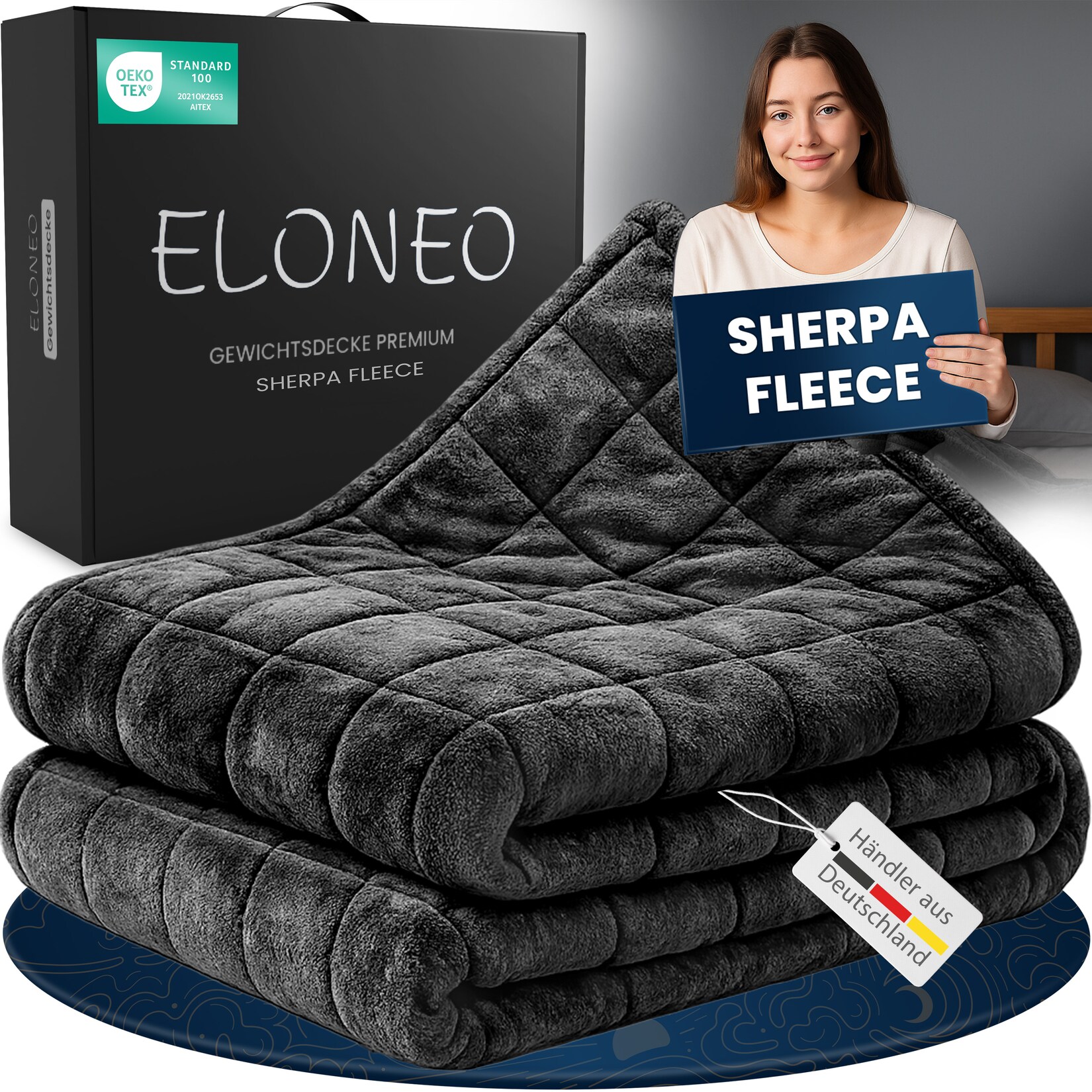 ELONEO Sherpa Fleece Gewichtsdecke 155x220cm 7kg, Oeko-Tex Zertifiziert, Entspannungsdecke & Anti-Stress Therapiedecke, schwere Decke zum Schlafen, schwarz