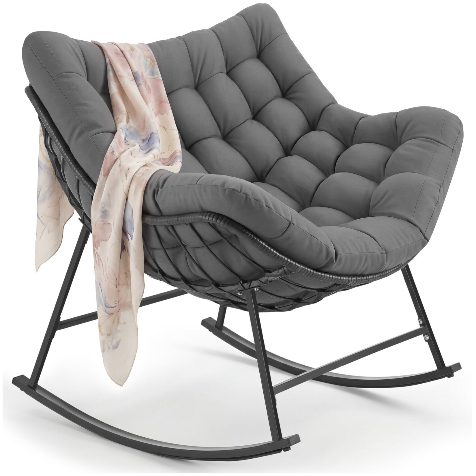 tectake® Schaukelstuhl, dickes Polster mit Steppmuster, Stahlgestell mit Rattangeflecht, 93 x 99,5 x 89 cm