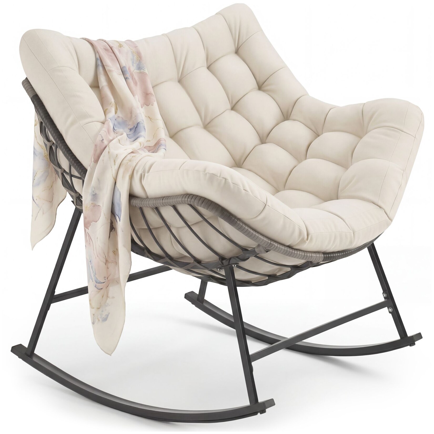 tectake® Schaukelstuhl, dickes Polster mit Steppmuster, Stahlgestell mit Rattangeflecht, 93 x 99,5 x 89 cm