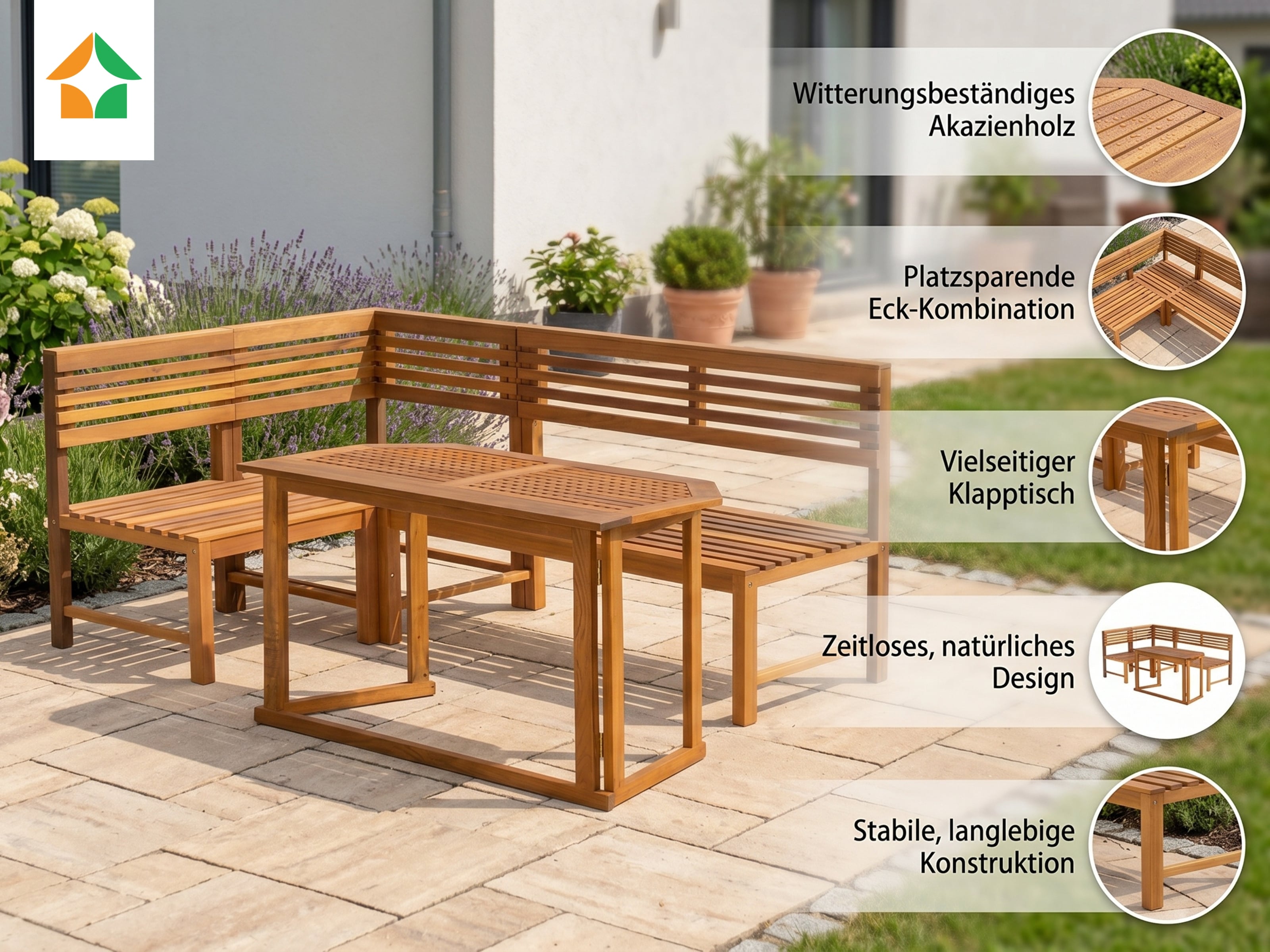 Balkontisch-Set mit Eckbank - Eukalyptusholz - Flexibel & wetterfest - Bild 1