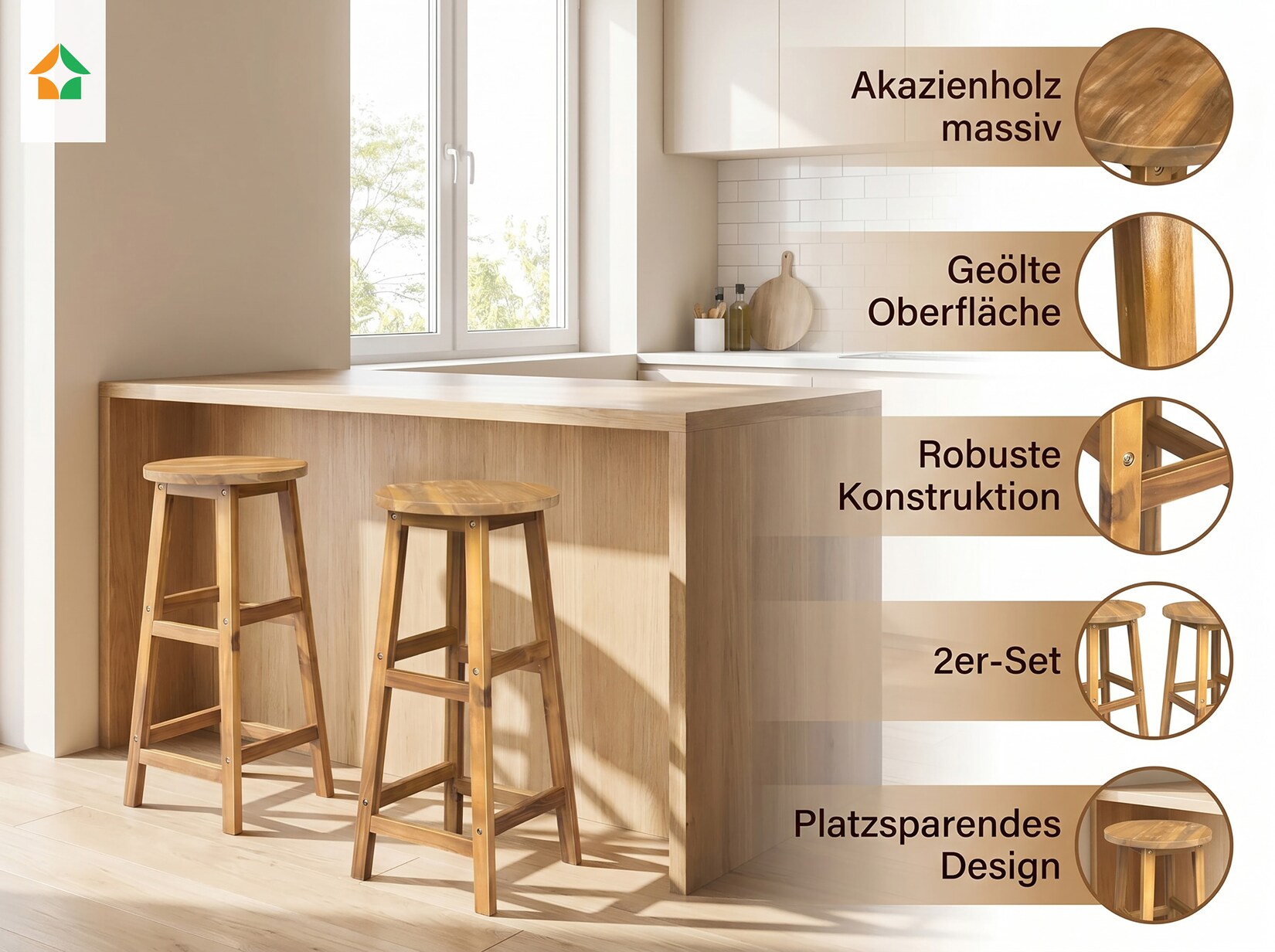 2er-Set Barstuhl aus Akazienholz, ca. 34 x 34 x 76 cm - Braun