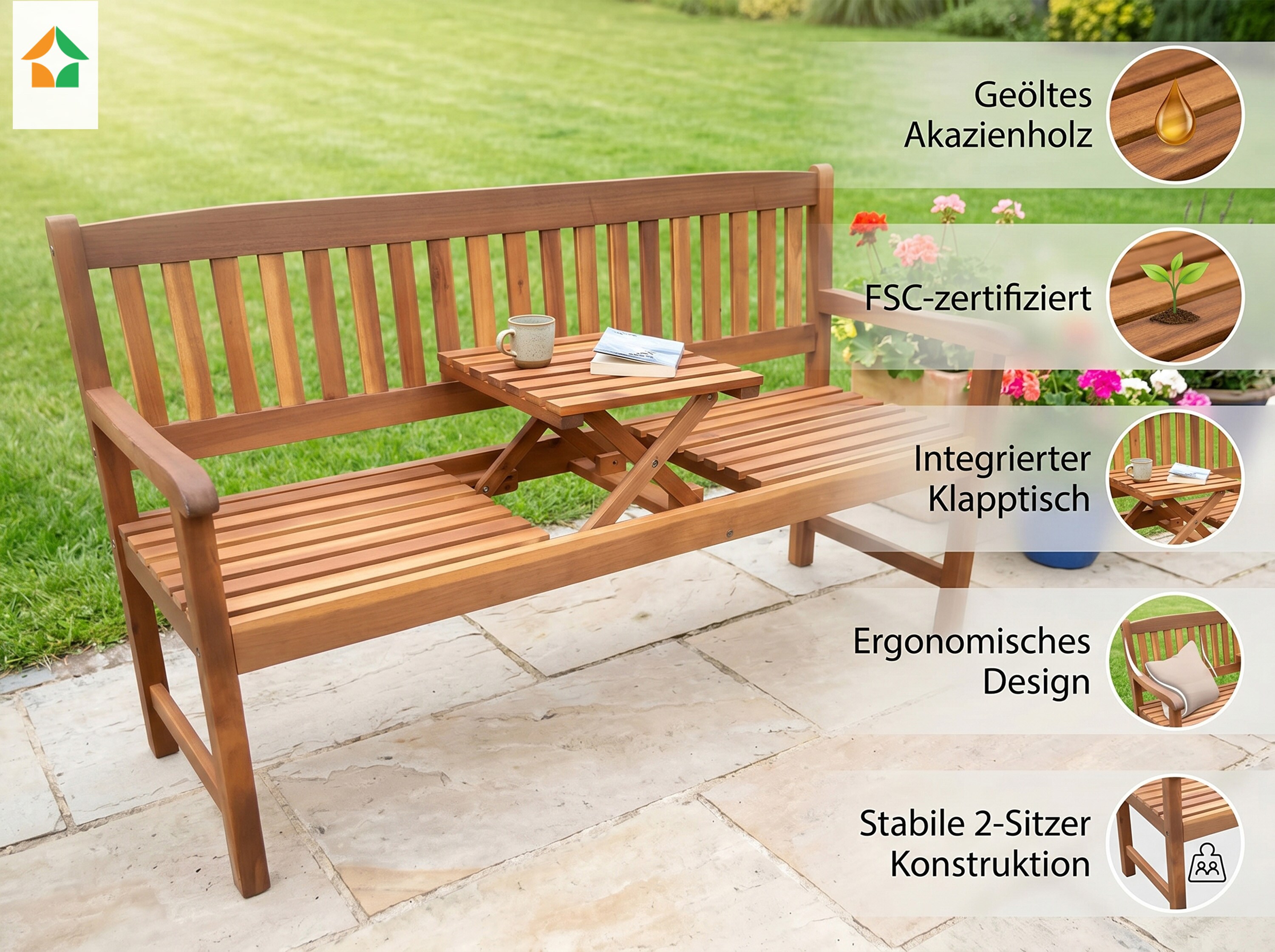 2-Sitzer Gartenbank mit Klapptisch aus Akazienholz FSC, 153x57x88 cm - Bild 1