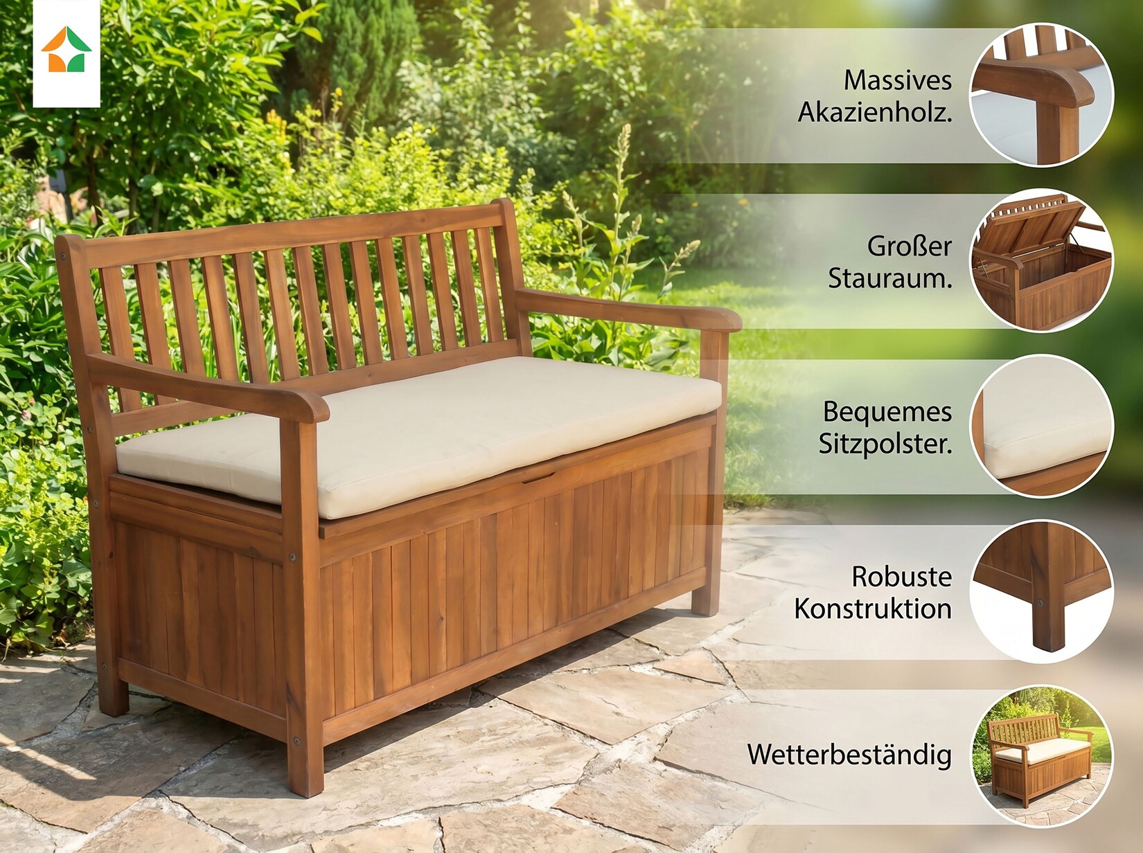 Sitzbank mit Stauraum aus massiven Akazienholz, ca.  119,5x63x84 - Braun