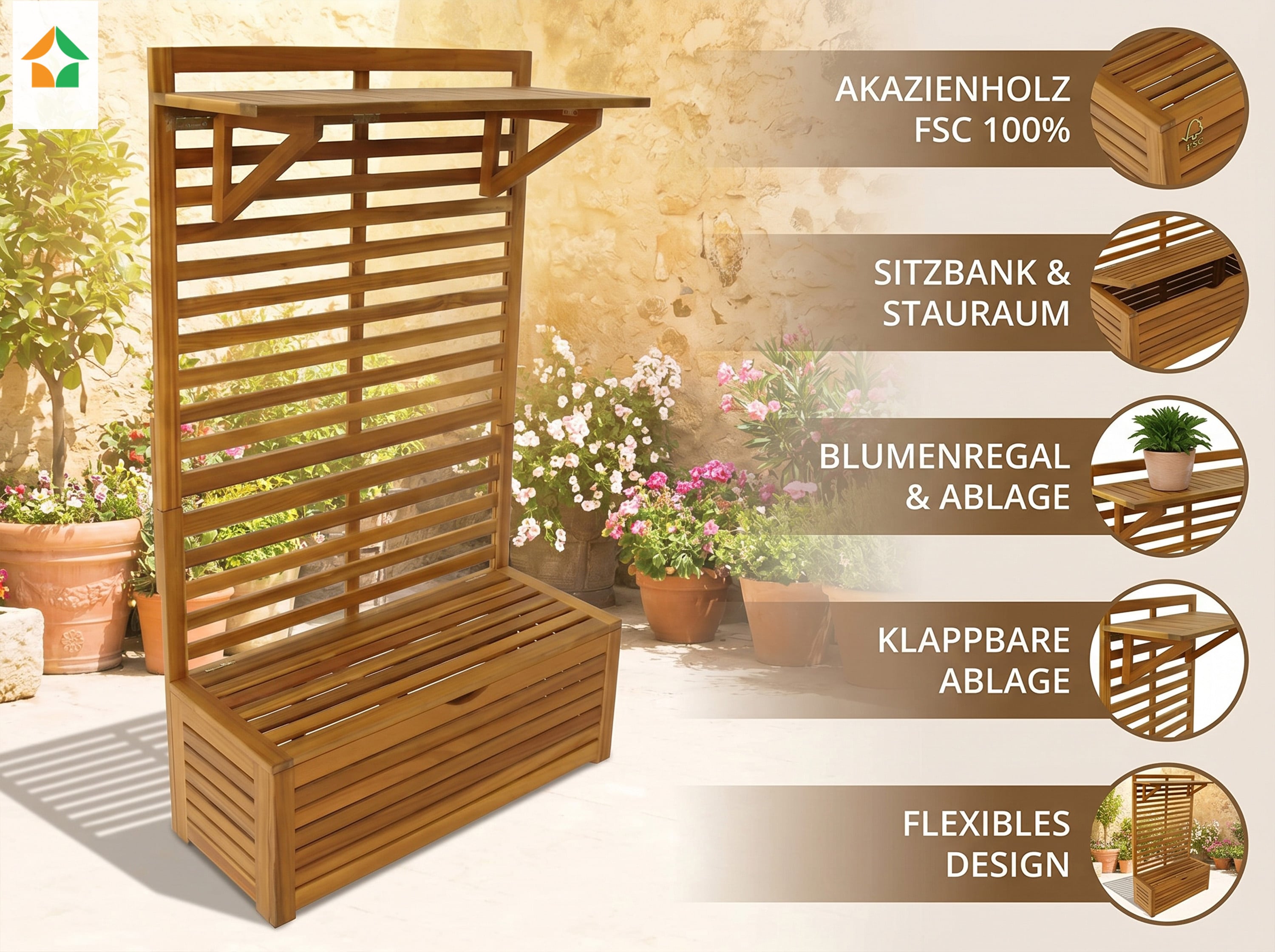 Blumenregal mit Aufbewahrung & Sitzbank aus Akazienholz, 70 x 32 x 117 cm - Bild 1