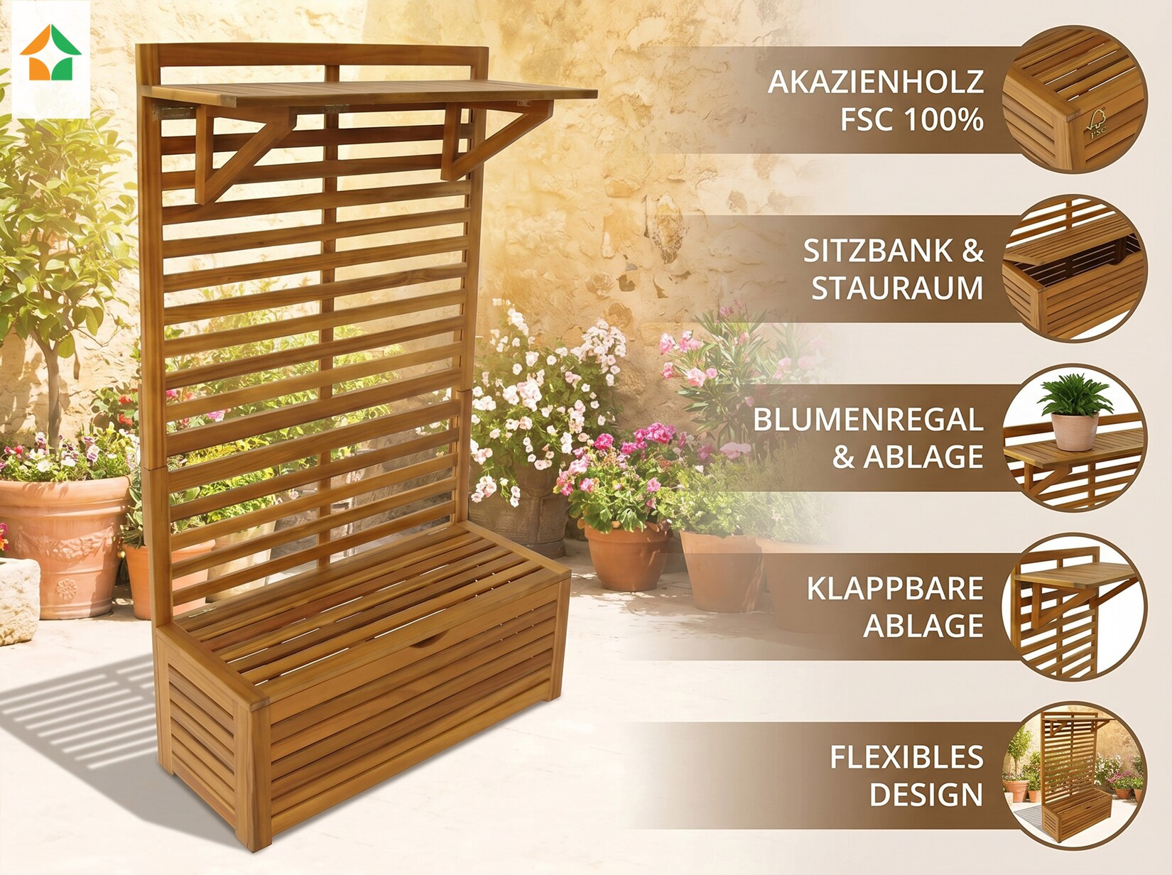 Blumenregal mit Aufbewahrung & Sitzbank aus Akazienholz, 70 x 32 x 117 cm