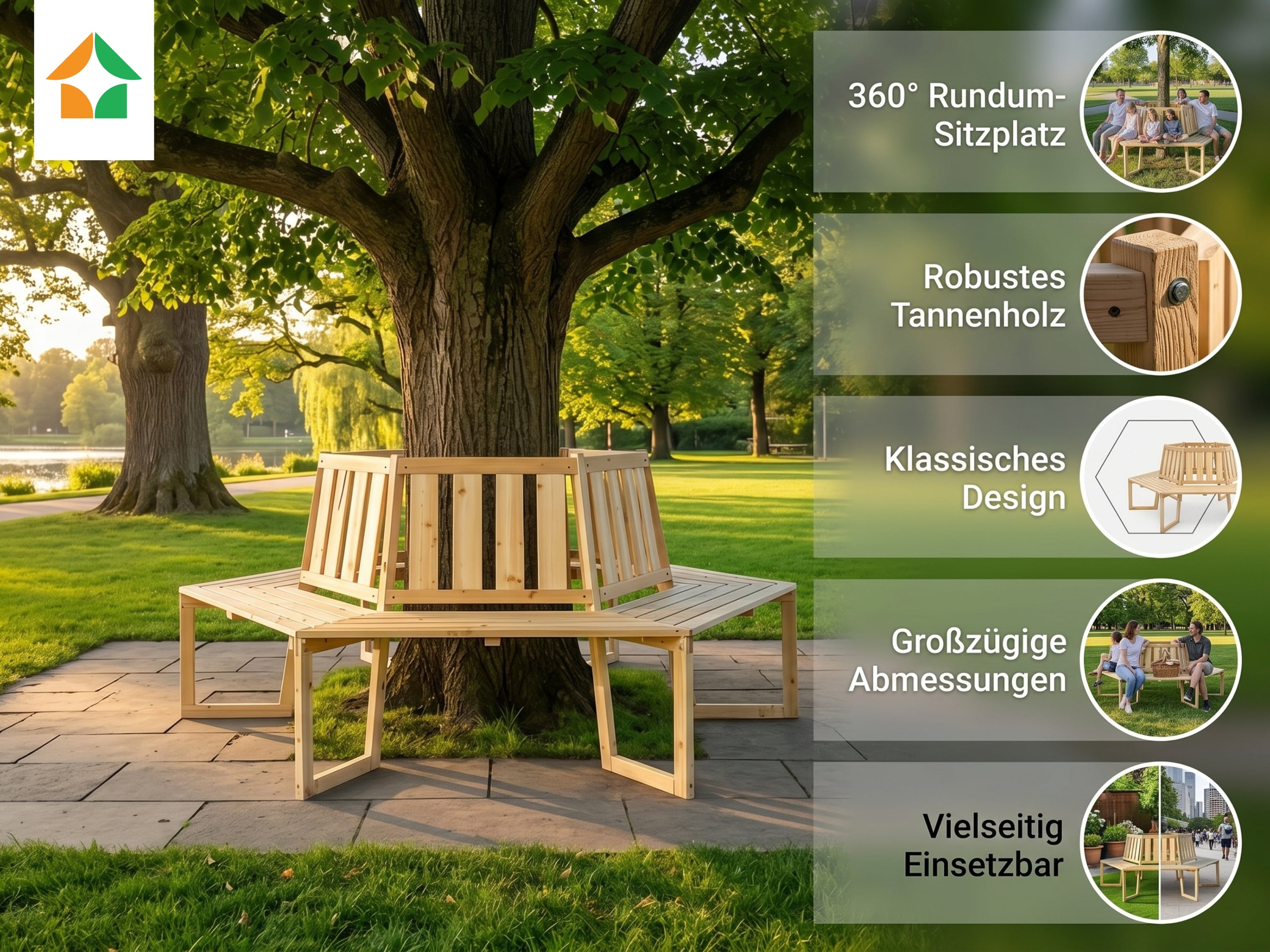 Baumbank 6-Eckig & 360&deg;, ca. 205 x 178 x 90 cm aus Tannenholz - Bild 1