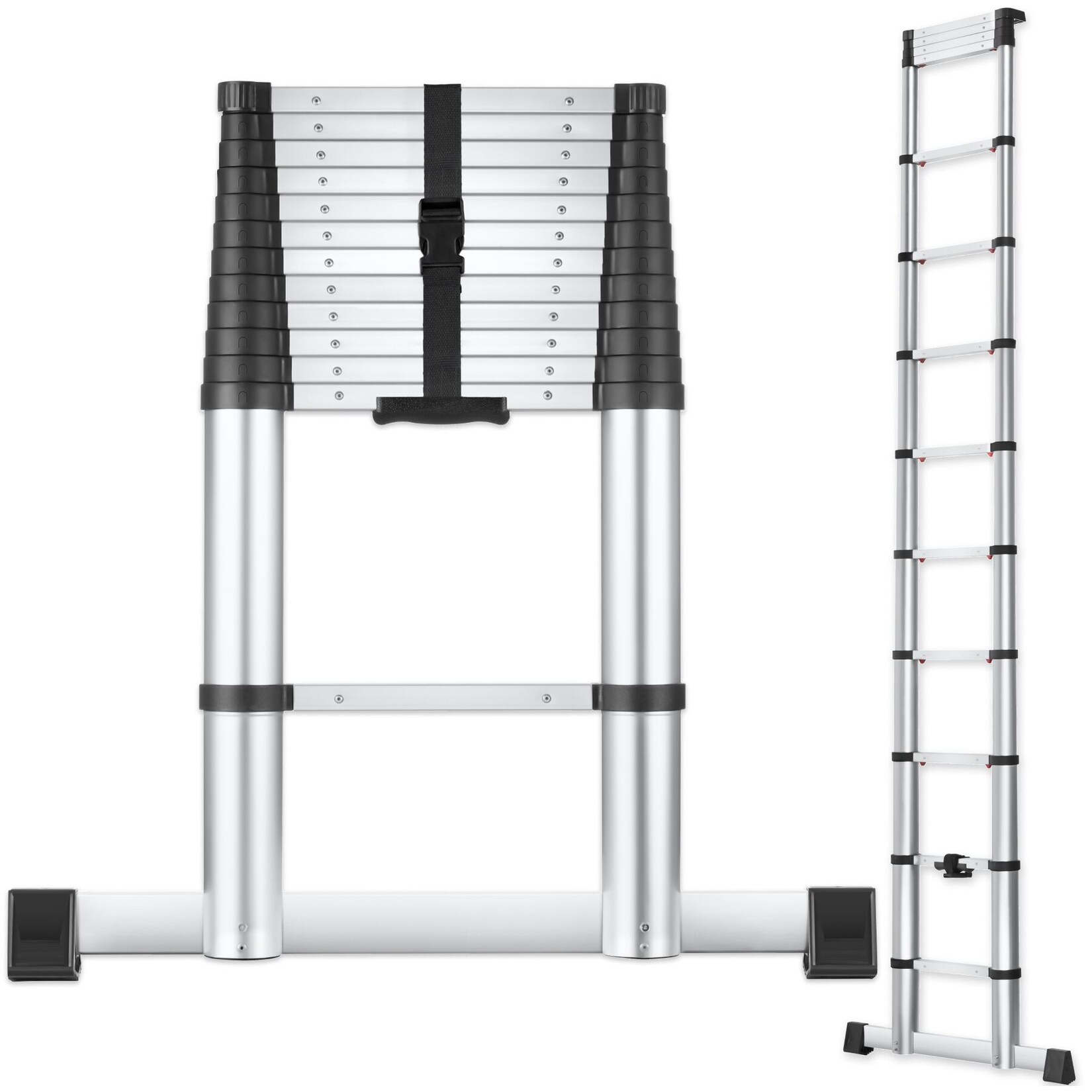 tectake® Teleskopleiter, Aluminium, 3,85 m, gummierte Anlegekanten, zuverlässige Arretierung und Soft Close