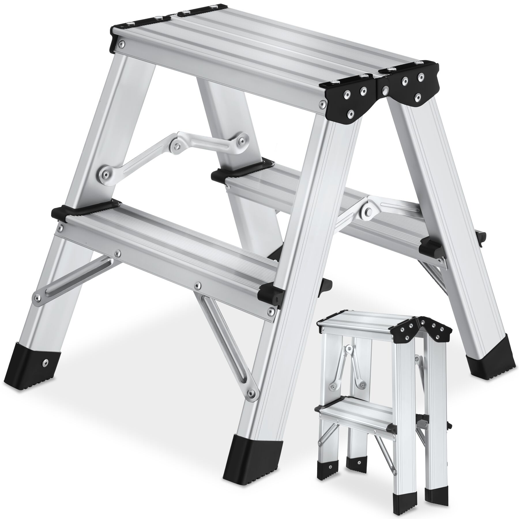 tectake&reg; Doppelseitige Trittleiter, 2 Stufen, Aluminium, geriffelte Trittfl&auml;che, Belastbarkeit 150 kg - Bild 1