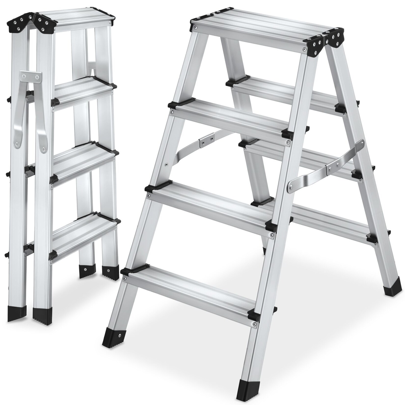 tectake® Doppelseitige Trittleiter, 4 Stufen, Aluminium, geriffelte Trittfläche, Belastbarkeit