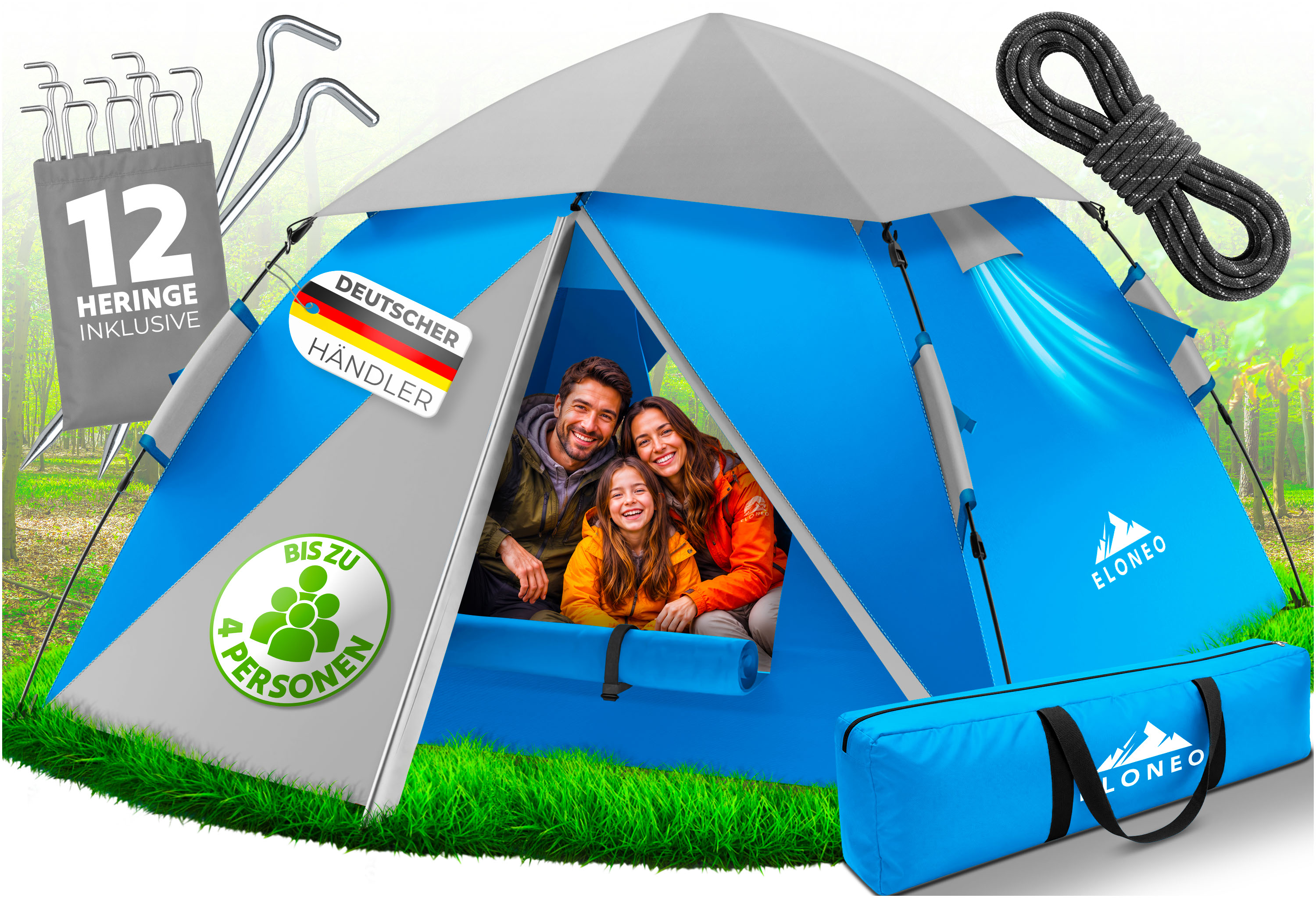 ELONEO Wurfzelt, 2-4 Personen Pop Up Zelt wasserdichtes Campingzelt schnellaufbau Zelt, Blau/Grau - Bild 1