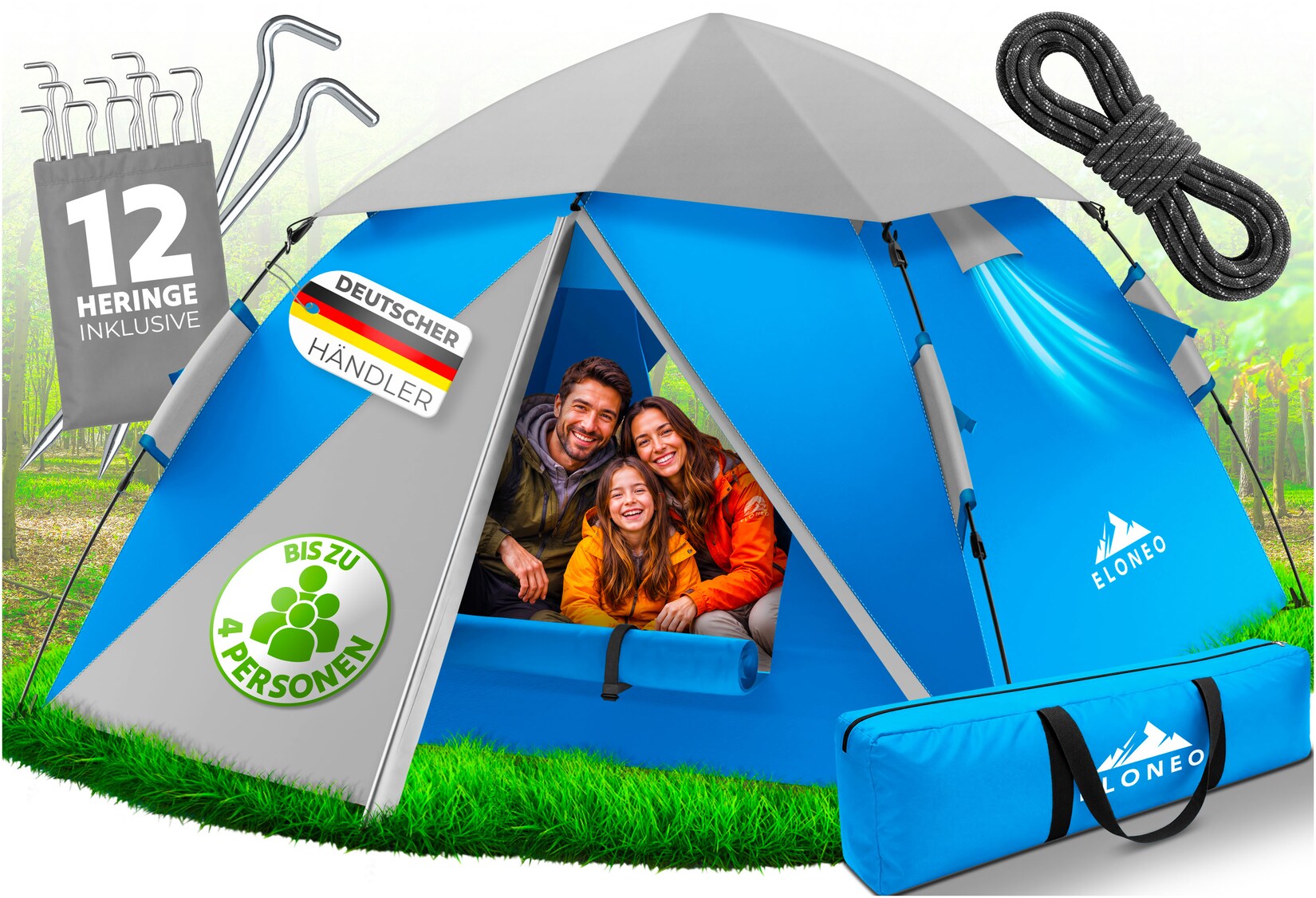 ELONEO Wurfzelt, 2-4 Personen Pop Up Zelt wasserdichtes Campingzelt schnellaufbau Zelt, Blau/Grau