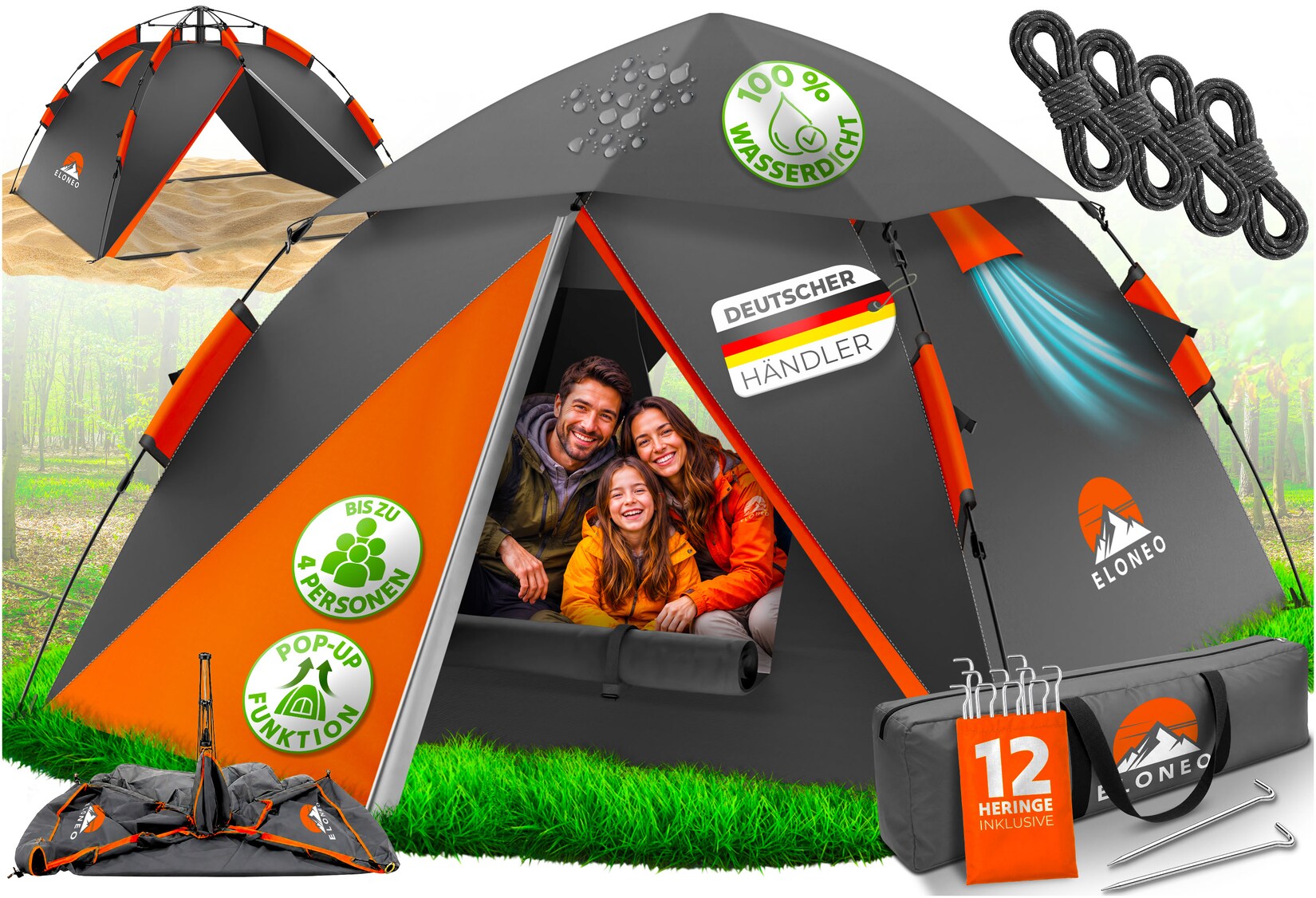 ELONEO Wurfzelt, 2-4 Personen Pop Up Zelt wasserdichtes Campingzelt schnellaufbau Zelt, Orange/Grau
