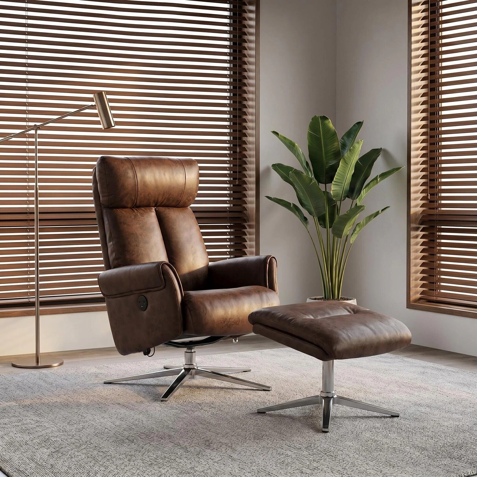 Happy Home Relaxsessel Elektrischer Relaxsessel mit Hocker – USB, 360° drehbar, Kunstleder HWP51-BRN