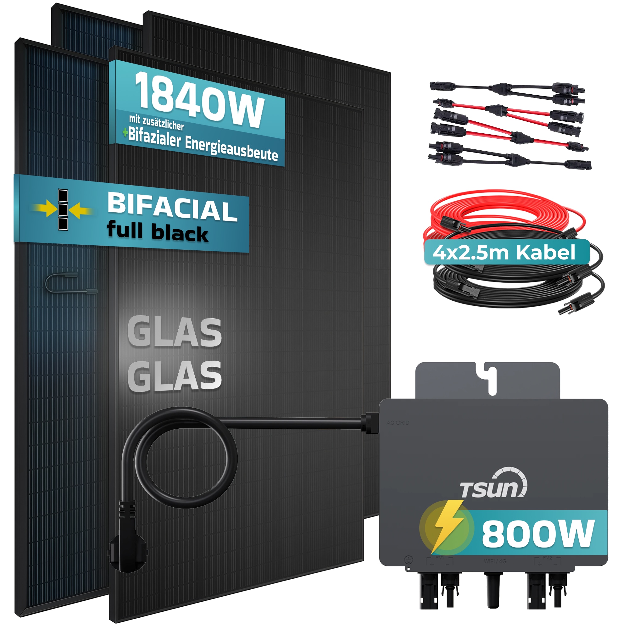 SUNNIVA&reg; 1840W Balkonkraftwerk BIFAZIAL FULLBLACK komplett Steckdose TSUN 800 Watt Wechselrichter, Solaranlage Komplettset, 4x 460W N-Type Glas-Glas Bifacial Solarmodule, 5m Kabel & 4x 2.5m Solarkabel - Bild 1