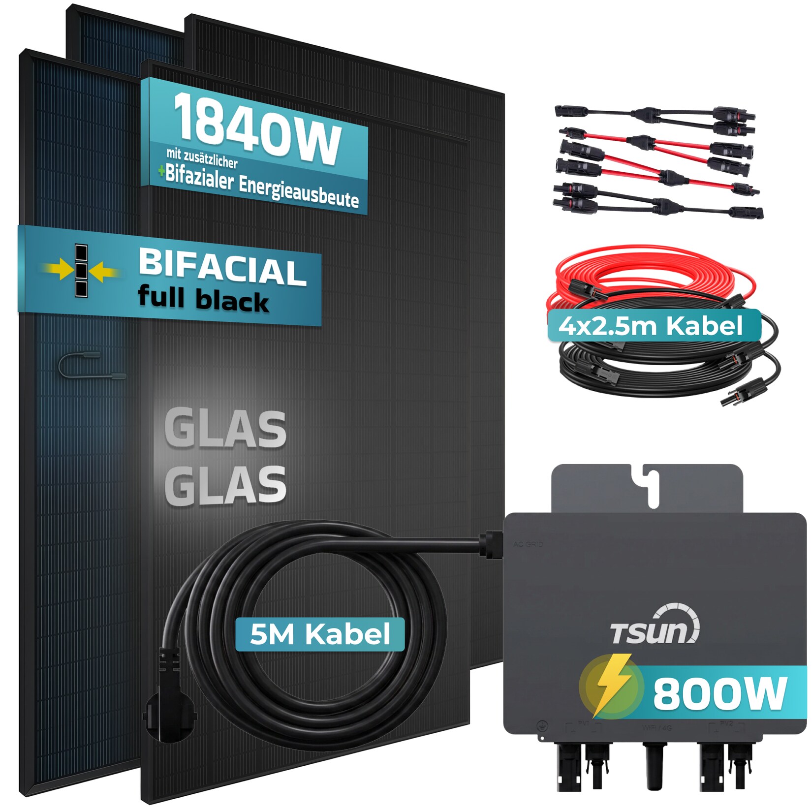 ® 1840W Balkonkraftwerk BIFAZIAL FULLBLACK komplett Steckdose TSUN 800 Watt Wechselrichter, Solaranlage Komplettset, 4x 460W N-Type Glas-Glas Bifacial Solarmodule, 5m Kabel & 4x 2.5m Solarkabel