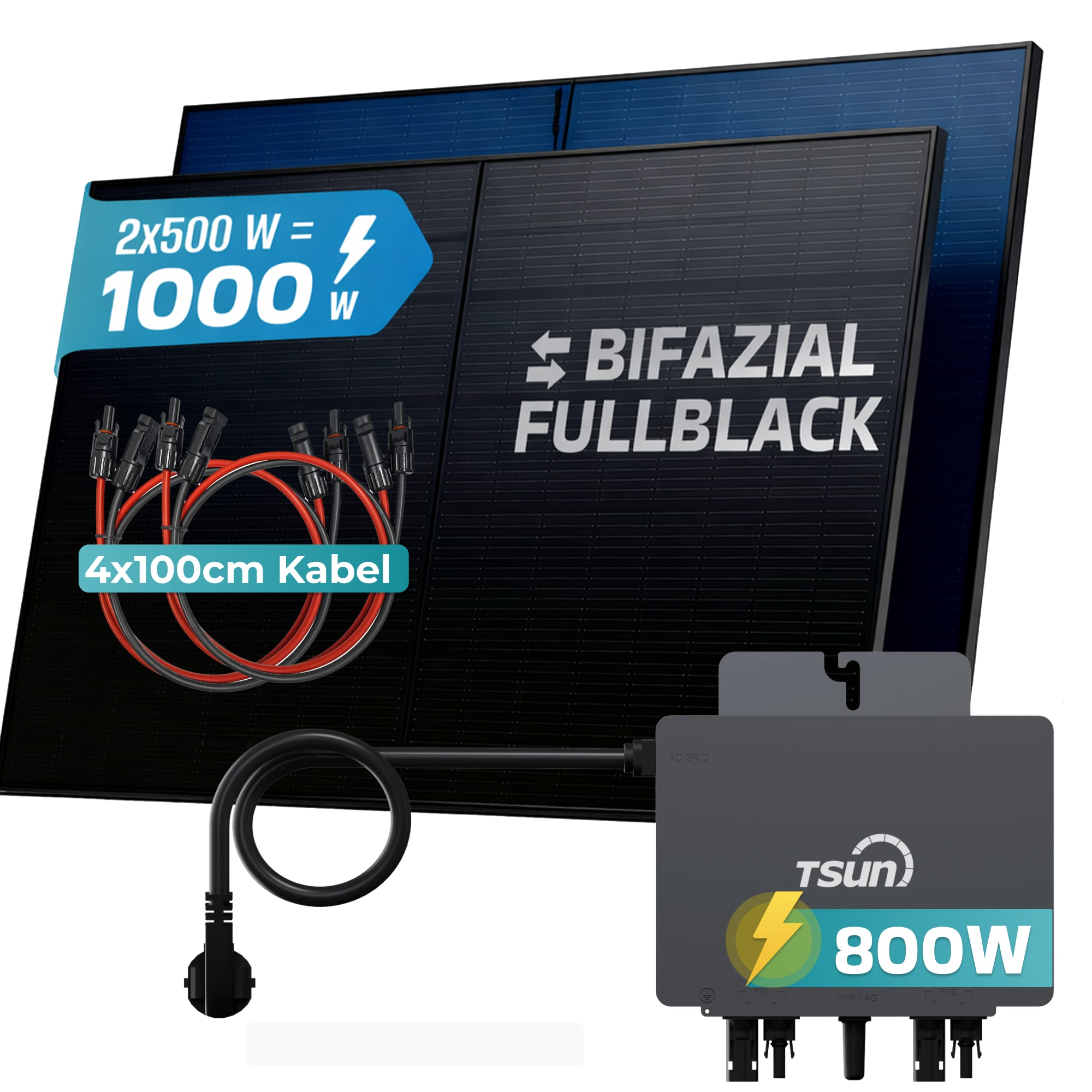 SUNNIVA&reg; 1000W Balkonkraftwerk BIFAZIAL FULLBLACK komplett Steckdose TSUNE 800 Watt Wechselrichter, PV Solaranlage Komplettset, 2x 500W N-Type Glas Bifacial Solarmodule, 5m Kabel & 4x 1m Solarkabel - Bild 1