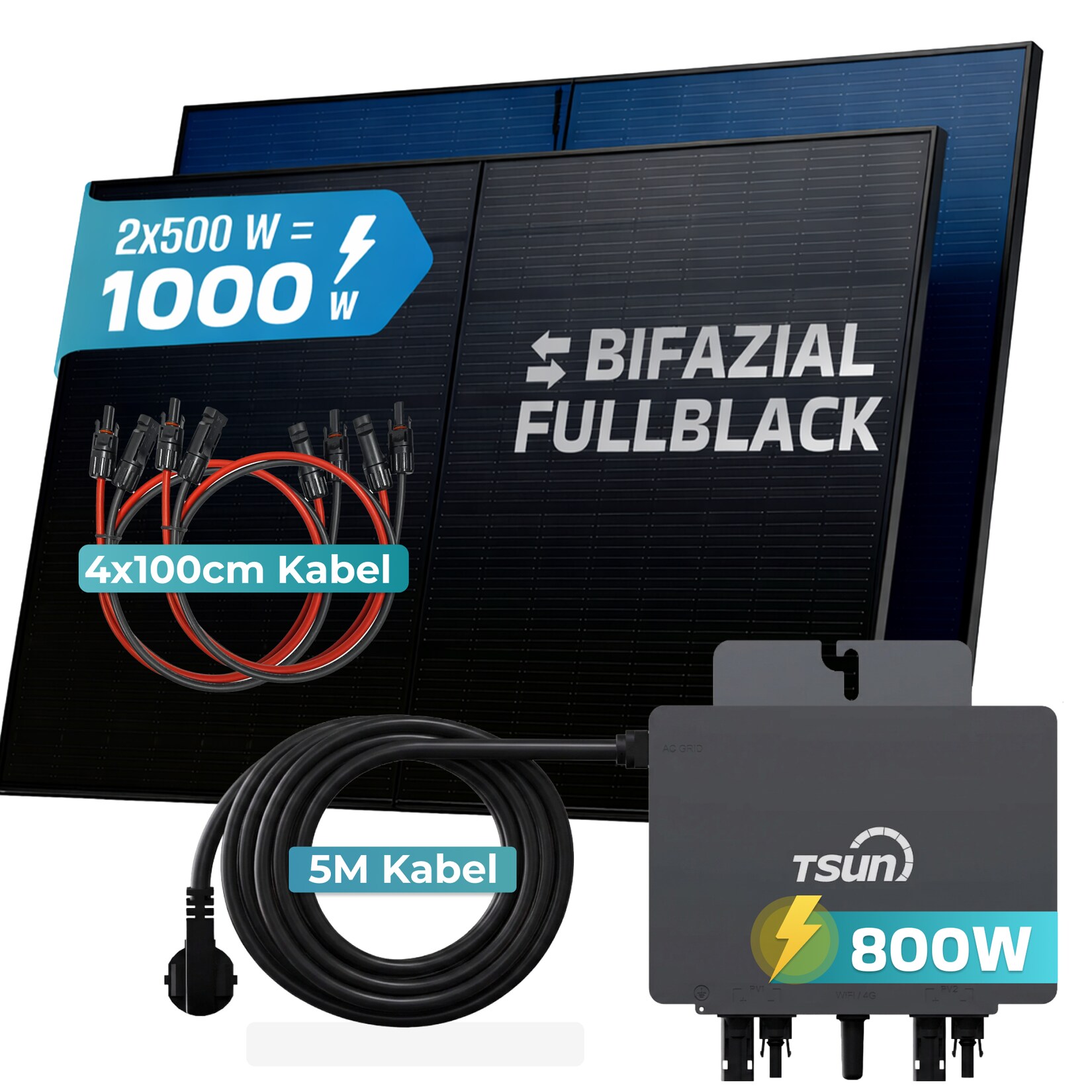 ® 1000W Balkonkraftwerk BIFAZIAL FULLBLACK komplett Steckdose TSUNE 800 Watt Wechselrichter, PV Solaranlage Komplettset, 2x 500W N-Type Glas Bifacial Solarmodule, 5m Kabel & 4x 1m Solarkabel