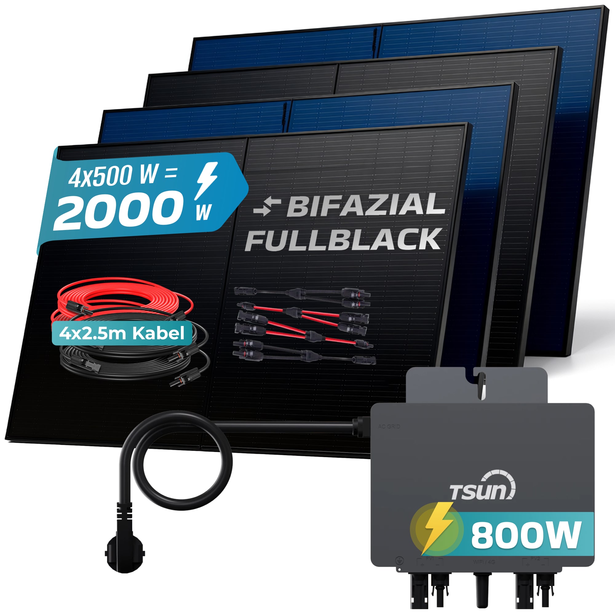 SUNNIVA&reg; 2000W Balkonkraftwerk BIFAZIAL FULLBLACK komplett Steckdose TSUN 800 Watt Wechselrichter, PV Solaranlage Komplettset, 4x 500W N-Type Glas Bifacial Solarmodule, 5m Kabel & 4x 2.5m Solarkabel - Bild 1