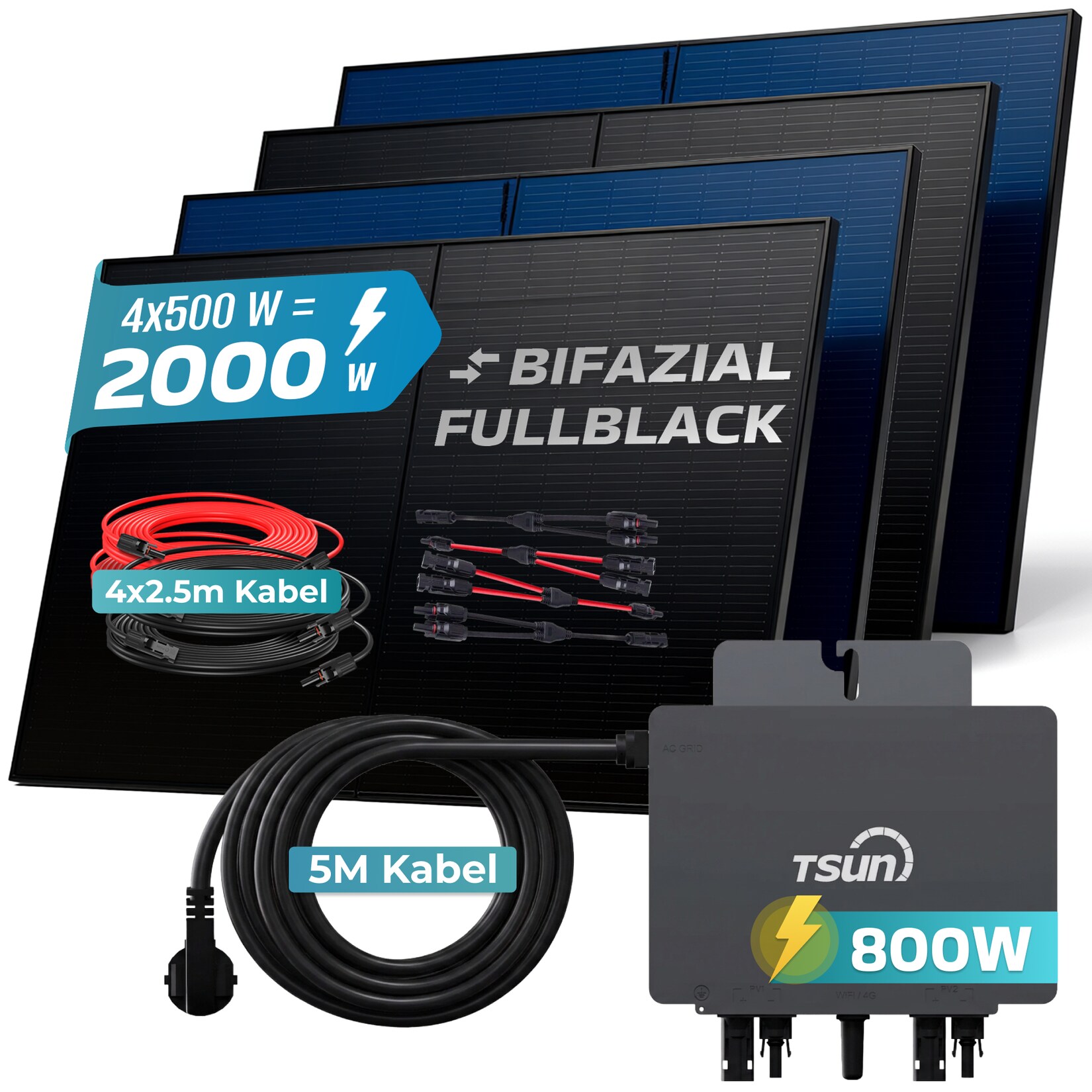 ® 2000W Balkonkraftwerk BIFAZIAL FULLBLACK komplett Steckdose TSUN 800 Watt Wechselrichter, PV Solaranlage Komplettset, 4x 500W N-Type Glas Bifacial Solarmodule, 5m Kabel & 4x 2.5m Solarkabel