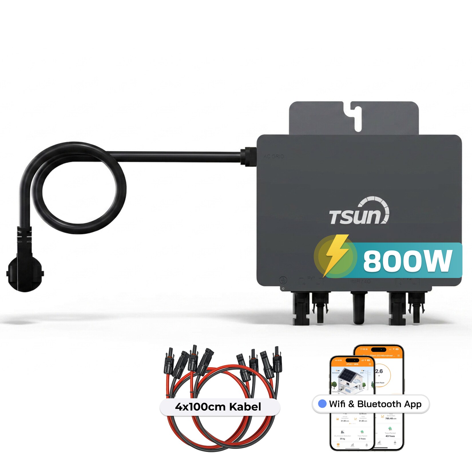 TSUN TSOL-MX800Lite 800 W Mikro-Wechselrichter, 2 MPPT, WiFi & Bluetooth, IP67, Micro Inverter für 2 Solarmodule inklusive 5m Anschlusskabel und 4x1m Solarkabel