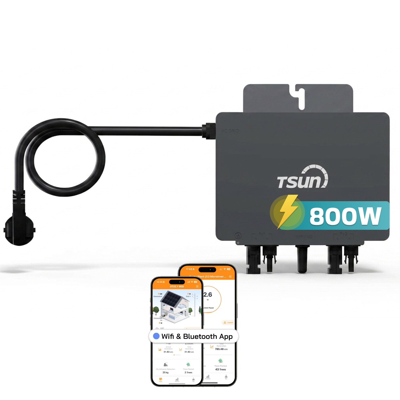 TSUN TSOL-MX800Lite 800 W Mikro-Wechselrichter, 2 MPPT, WiFi & Bluetooth, IP67, Micro Inverter für 2 Solarmodule inklusive 5m Anschlusskabel