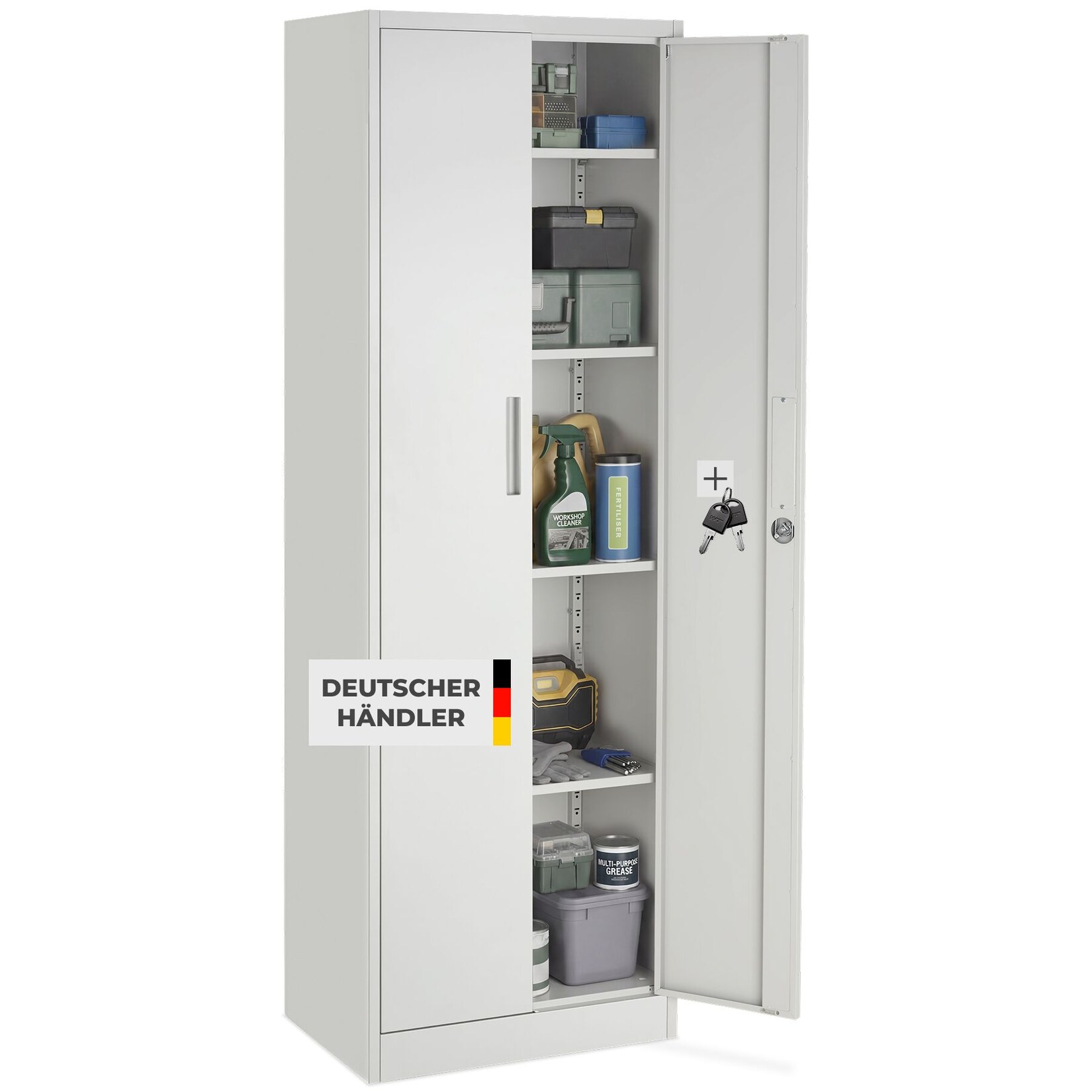 tectake® Aktenschrank, 60 x 40 x 180,5 cm, 4 verstellbare Zwischenböden, pulverbeschichteter Stahl, Kippschutz, höhenverstellbare Füße