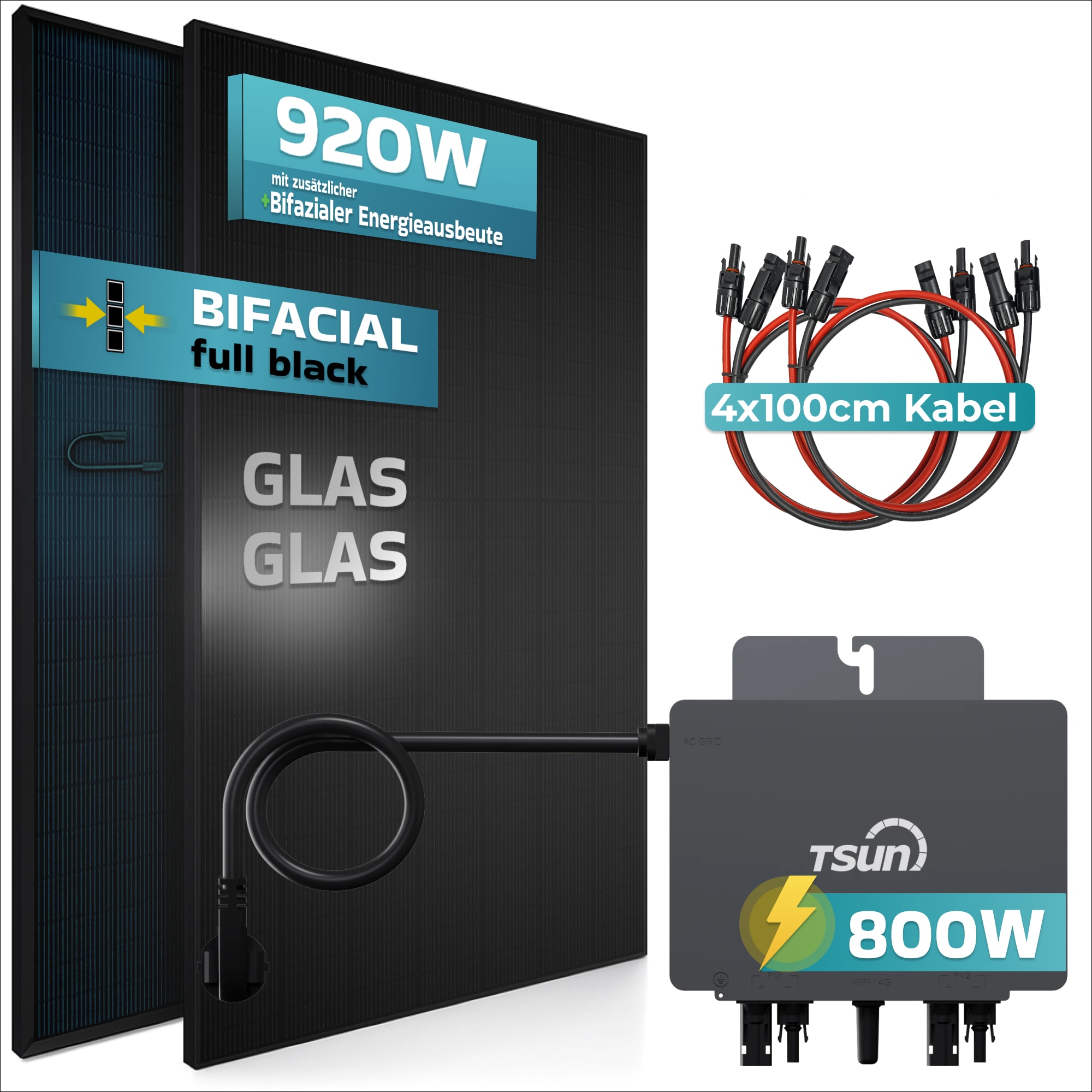 SUNNIVA&reg; 920W Balkonkraftwerk BIFAZIAL FULLBLACK komplett Steckdose TSUN 800 Watt Wechselrichter, PV Solaranlage Komplettset, 2x 460W N-Type Glas-Glas Bifacial Solarmodule, 5m Kabel & 4x 1m Solarkabel - Bild 1