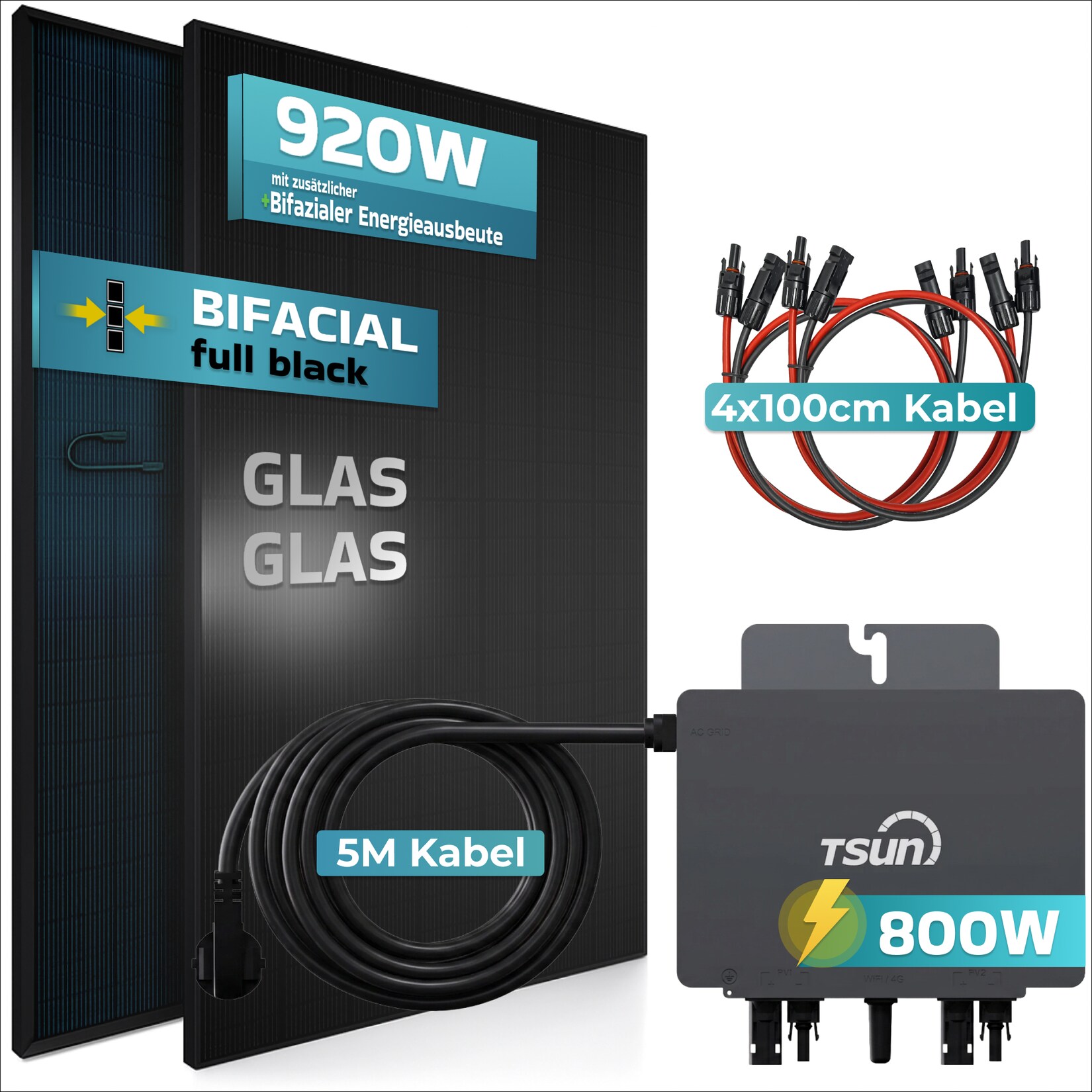 ® 920W Balkonkraftwerk BIFAZIAL FULLBLACK komplett Steckdose TSUN 800 Watt Wechselrichter, PV Solaranlage Komplettset, 2x 460W N-Type Glas-Glas Bifacial Solarmodule, 5m Kabel & 4x 1m Solarkabel