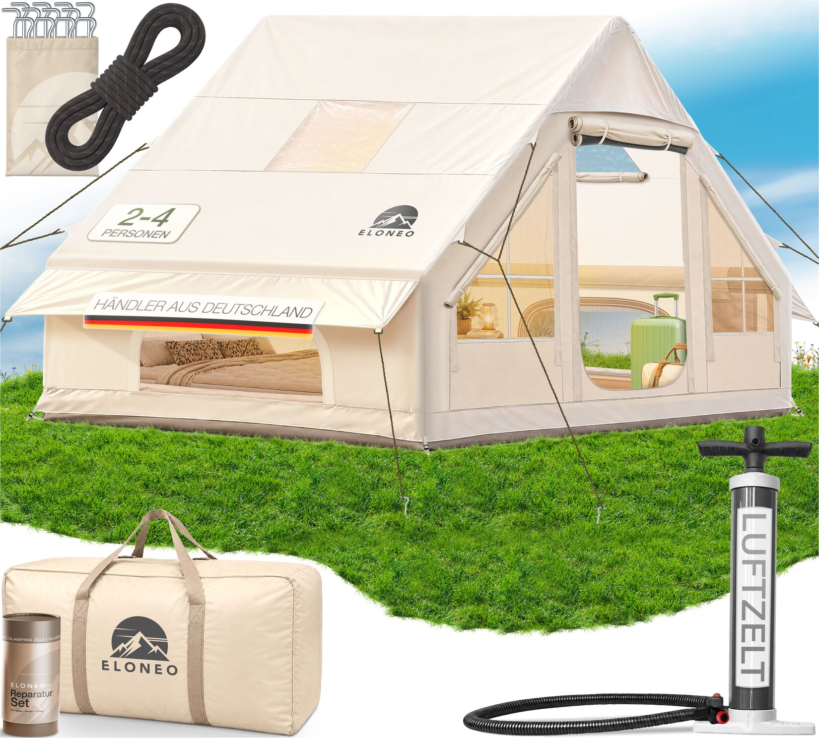 ELONEO aufblasbares Zelt für 2-4 Personen mit Dachfenster Luftpumpe Premium Glamping Zelt wasserdicht, Luftzelt, Inflatable Tent, Camping Zelt, beige