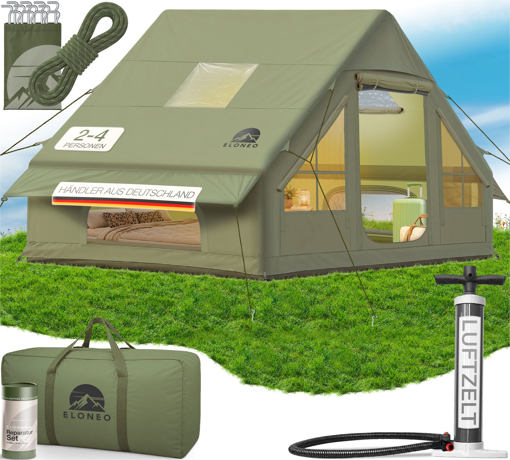 ELONEO aufblasbares Zelt für 2-4 Personen mit Dachfenster Luftpumpe Premium Glamping Zelt wasserdicht, Luftzelt, Inflatable Tent, Camping Zelt, grün
